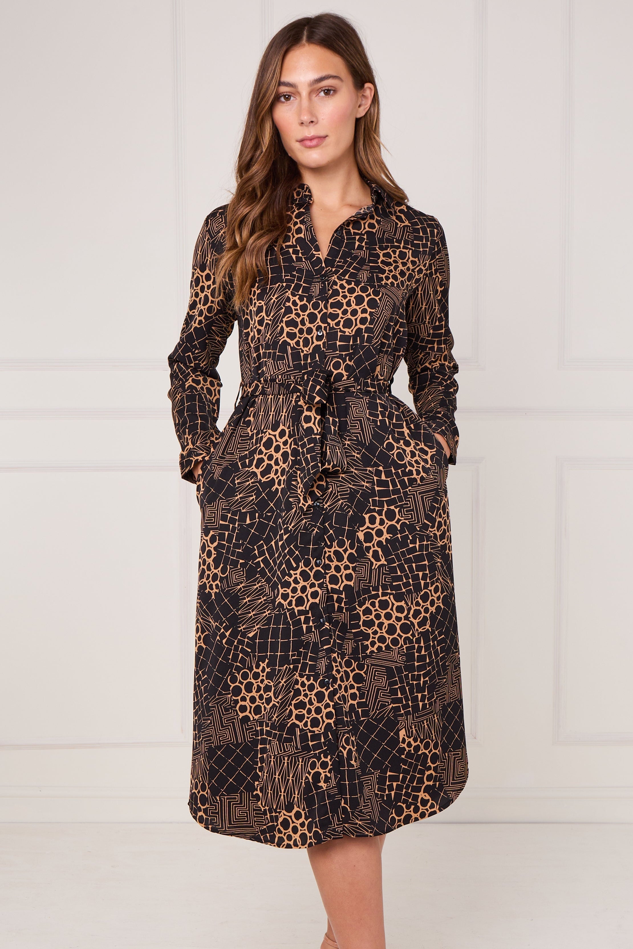 8Pcs Caramel Modern Patchwork Geo Print Midi Shirt Dress