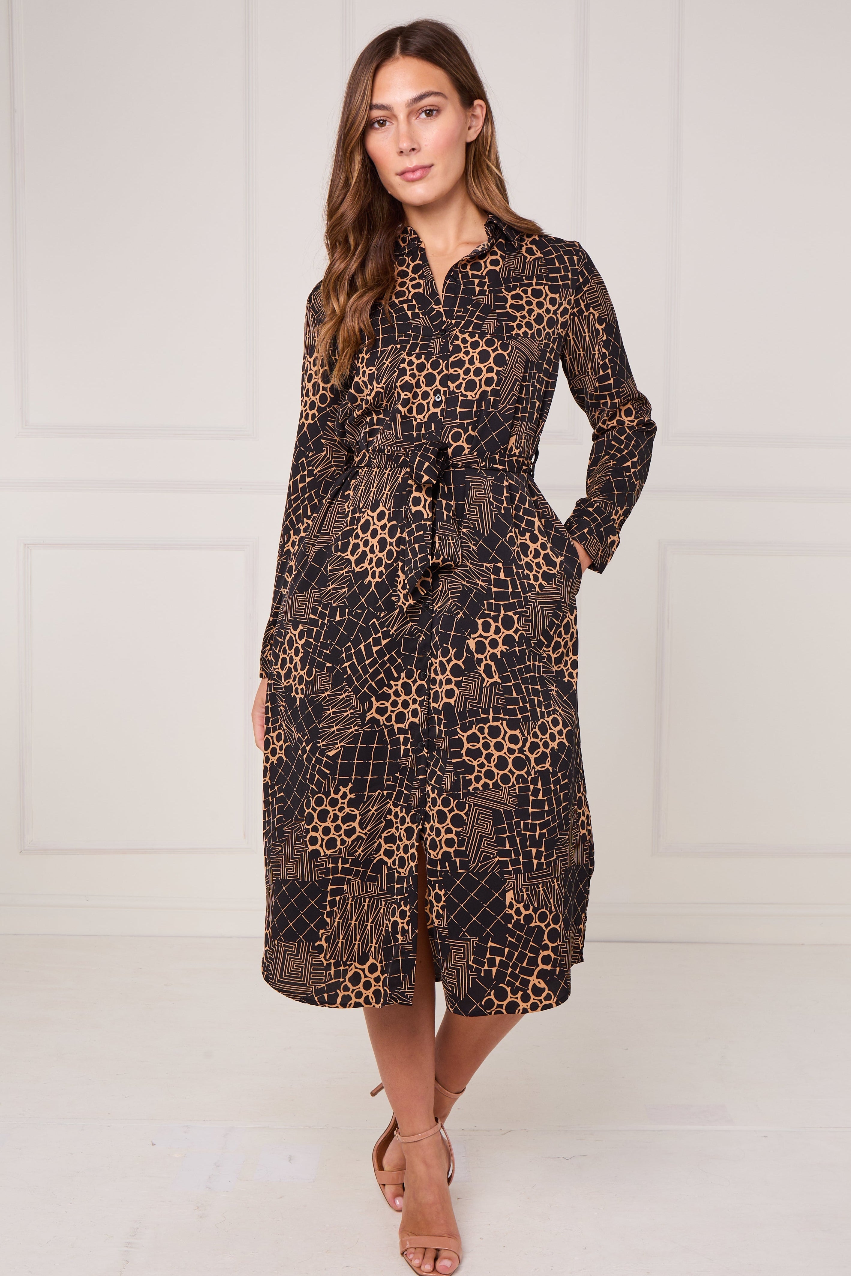 8Pcs Caramel Modern Patchwork Geo Print Midi Shirt Dress