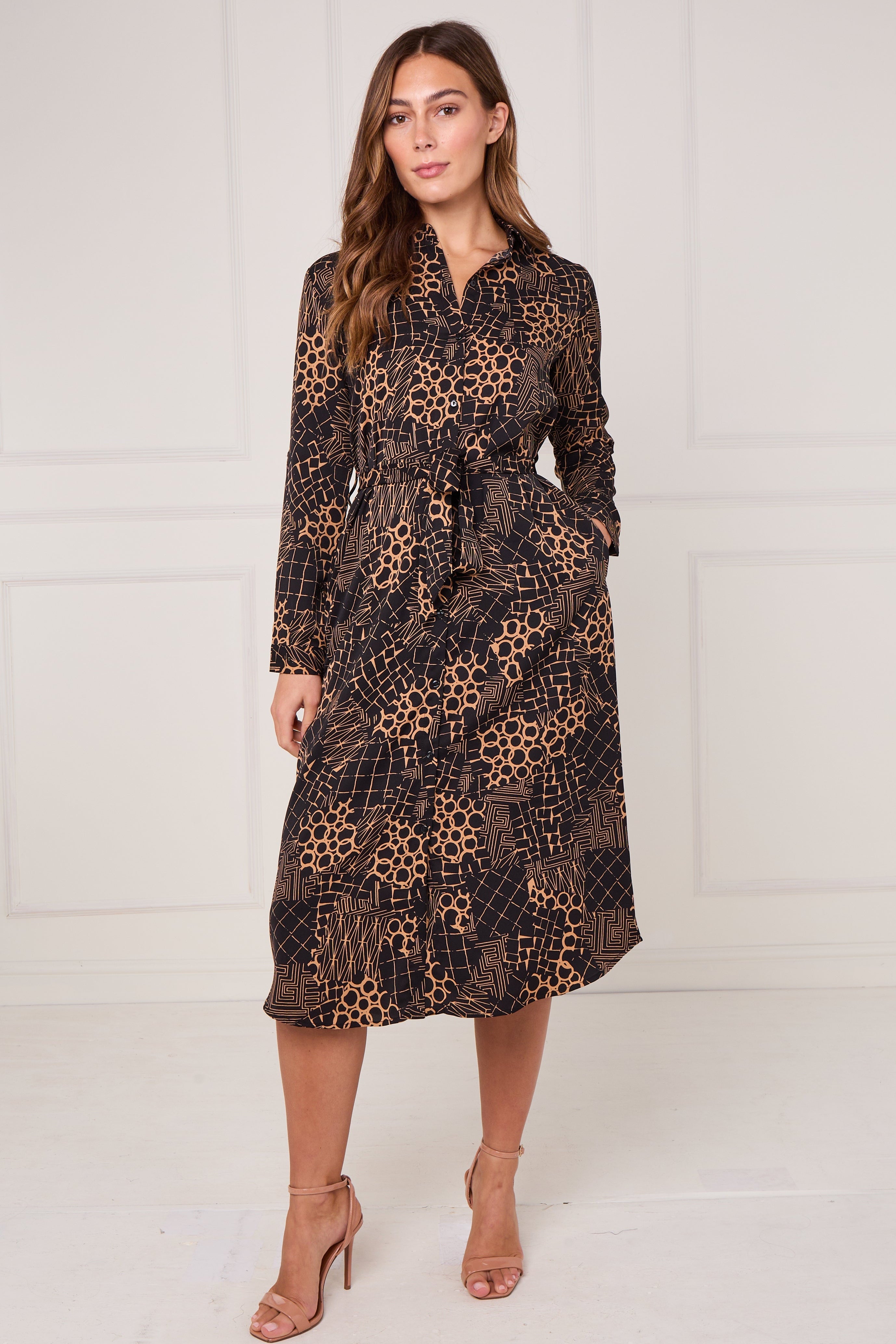 8Pcs Caramel Modern Patchwork Geo Print Midi Shirt Dress