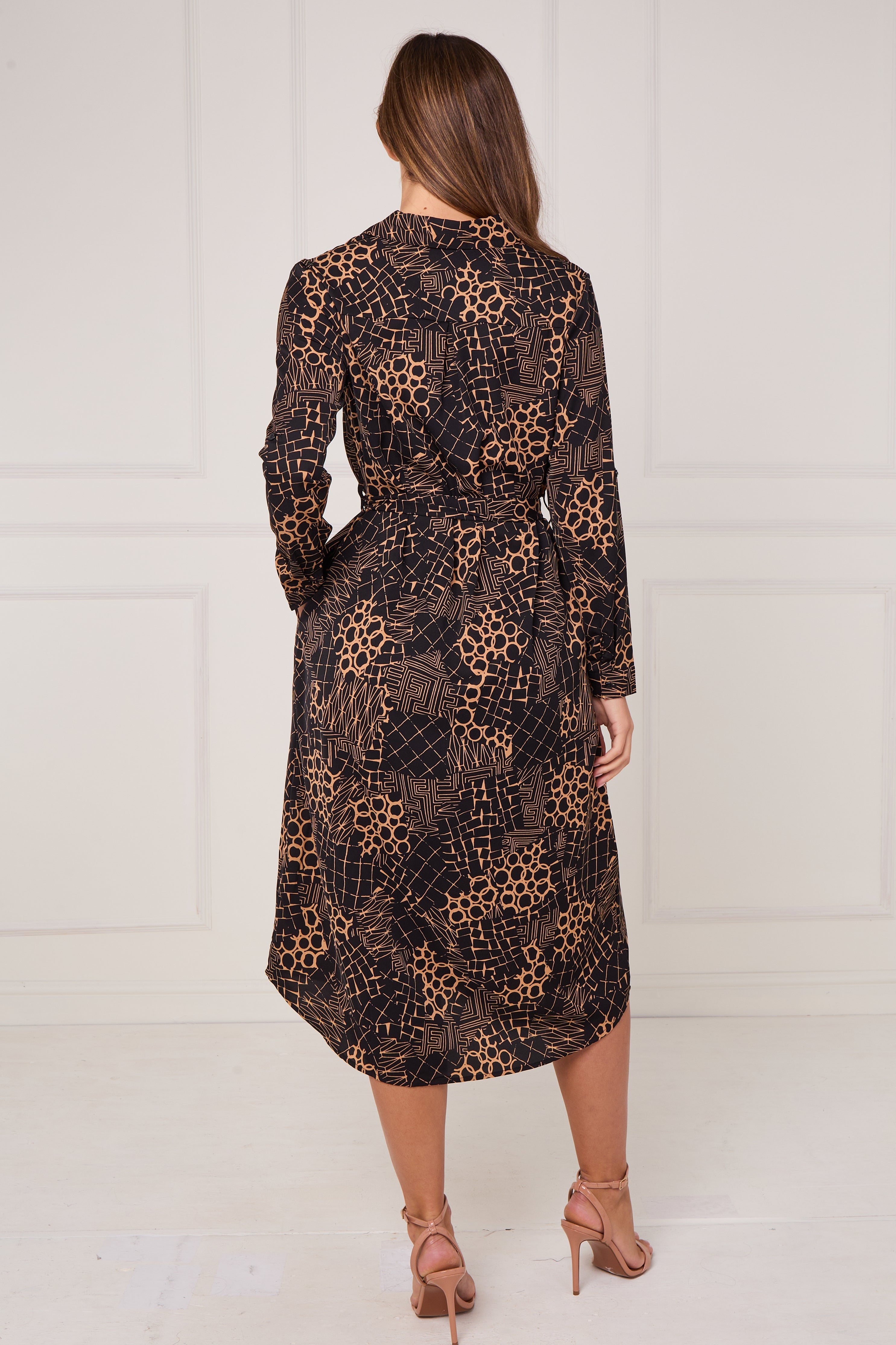 8Pcs Caramel Modern Patchwork Geo Print Midi Shirt Dress