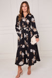 8Pcs Black and Taupe Magnolia Print Maxi Shirt Dress