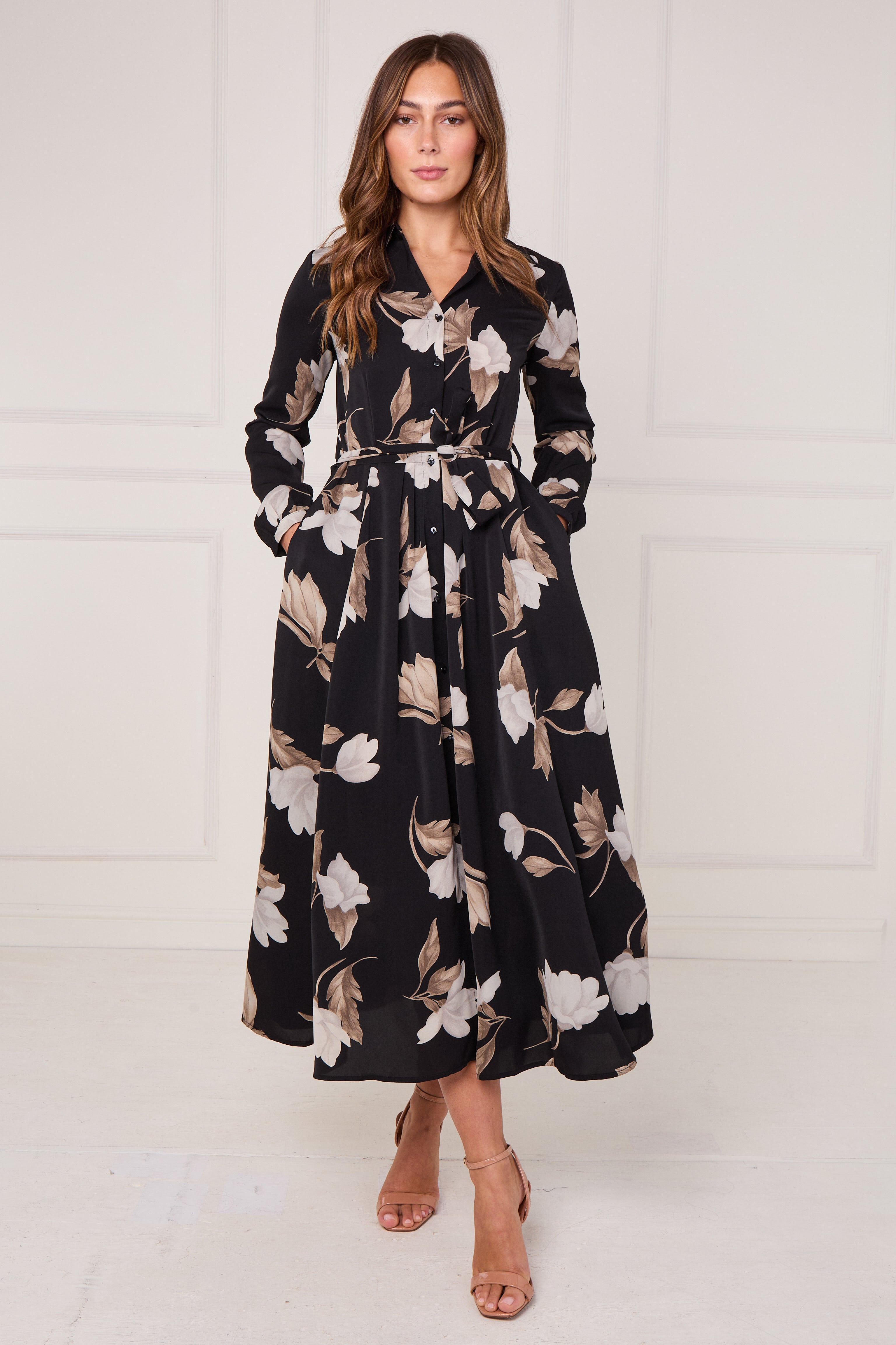 8Pcs Black and Taupe Magnolia Print Maxi Shirt Dress