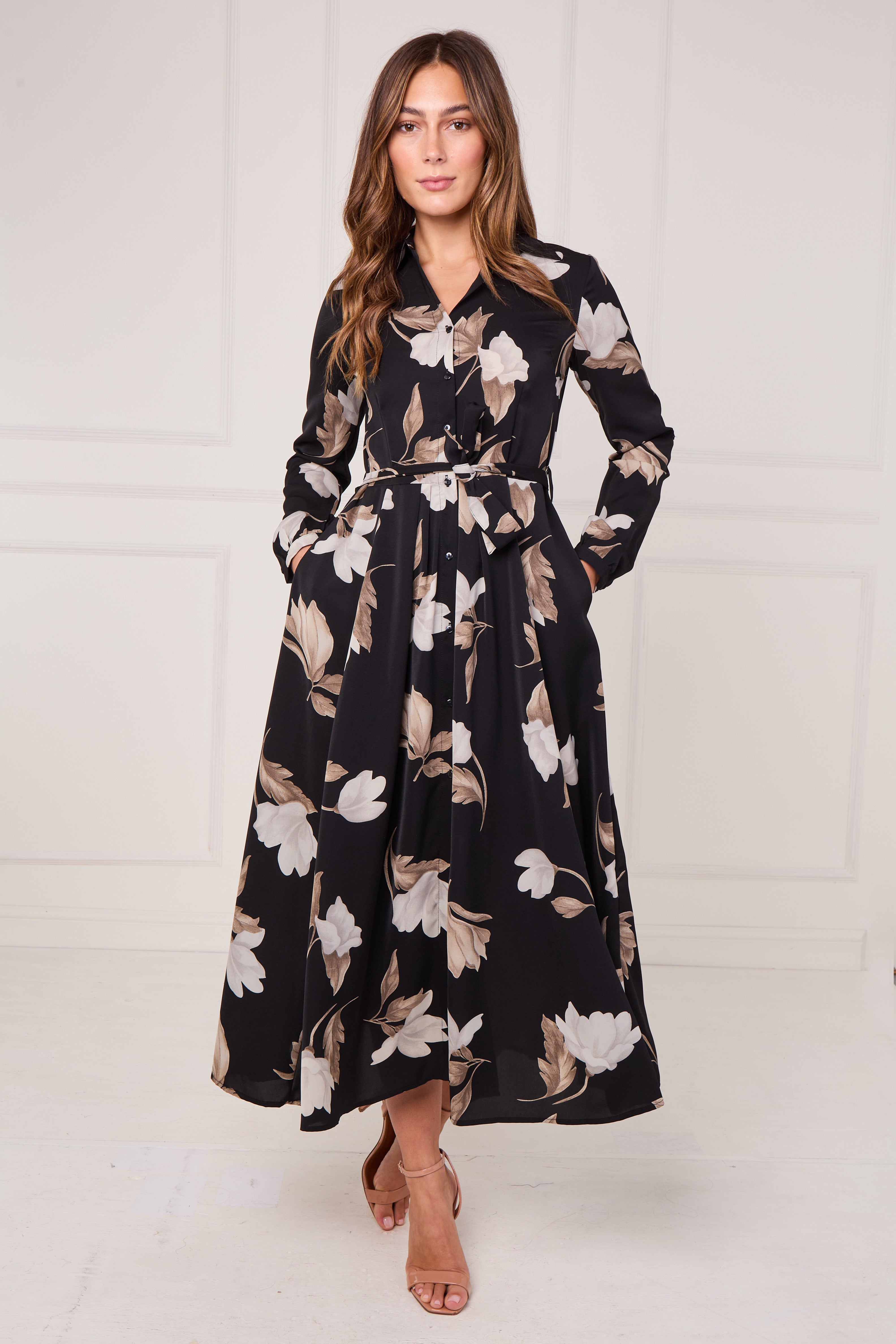 8Pcs Black and Taupe Magnolia Print Maxi Shirt Dress