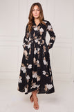 8Pcs Black and Taupe Magnolia Print Maxi Shirt Dress