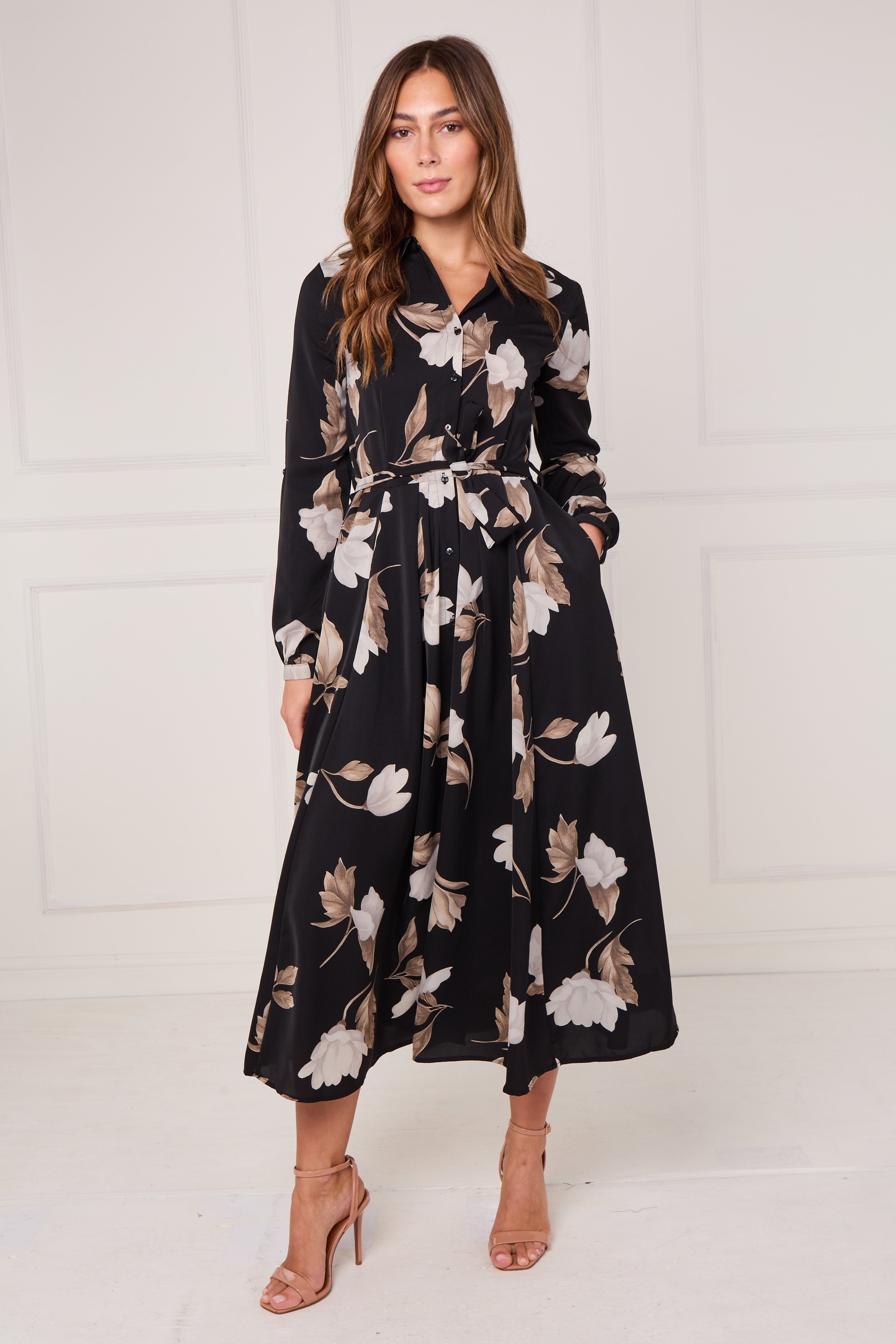 8Pcs Black and Taupe Magnolia Print Maxi Shirt Dress