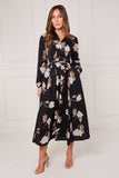 8Pcs Black and Taupe Magnolia Print Maxi Shirt Dress