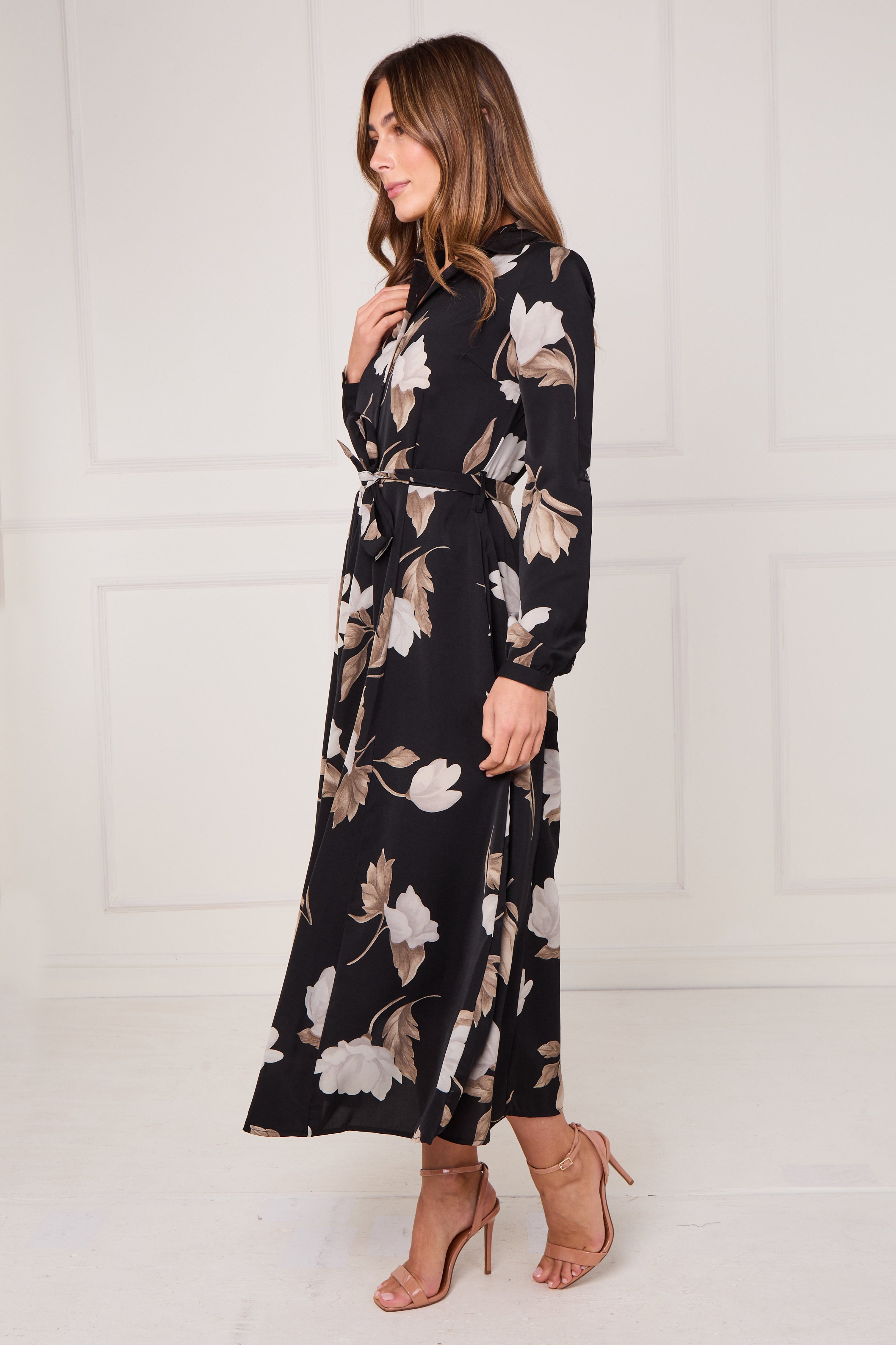 8Pcs Black and Taupe Magnolia Print Maxi Shirt Dress