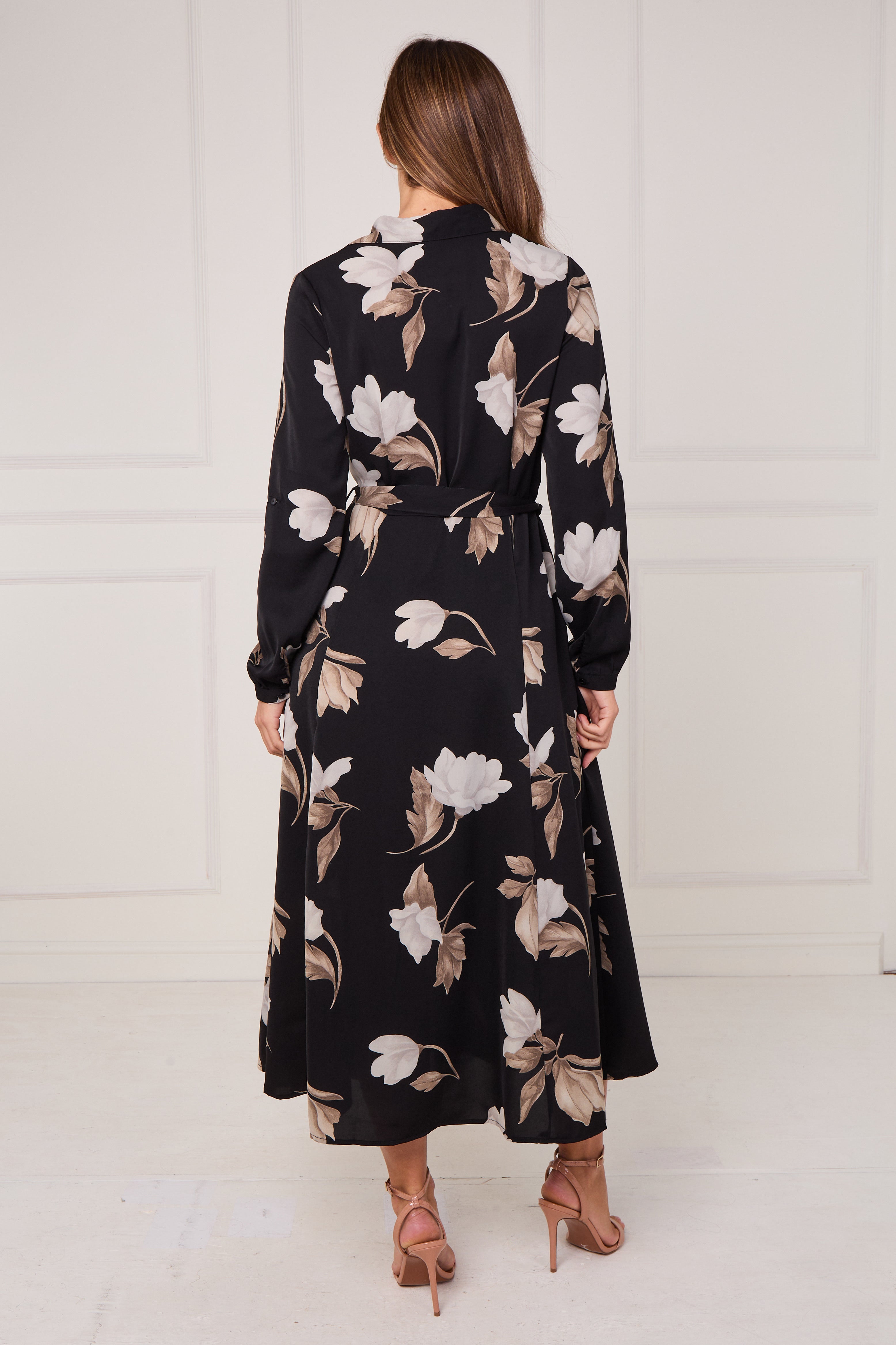 8Pcs Black and Taupe Magnolia Print Maxi Shirt Dress