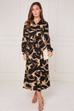 8Pcs Black and Gold Swirl Print Maxi Shirt Dress