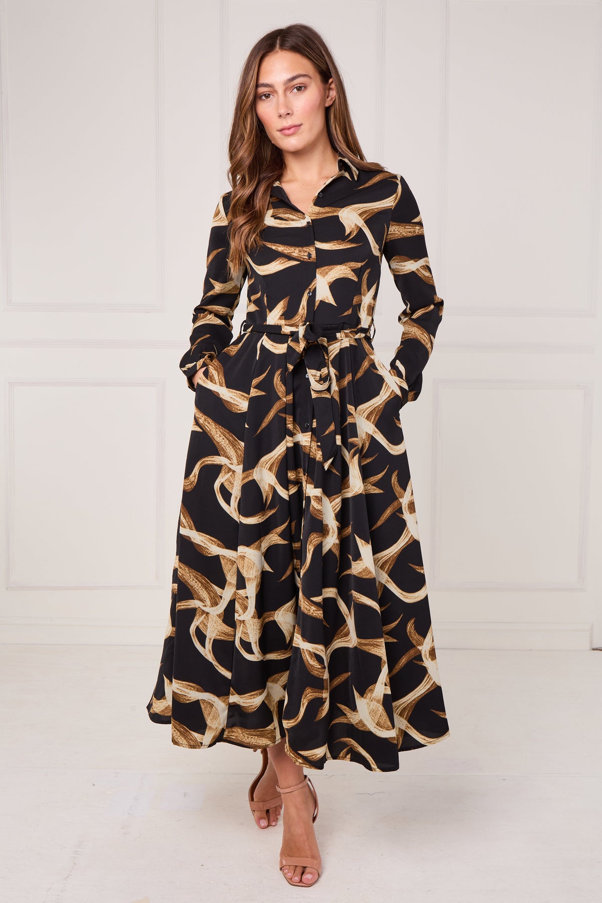 8Pcs Black and Gold Swirl Print Maxi Shirt Dress