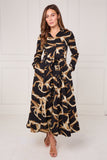8Pcs Black and Gold Swirl Print Maxi Shirt Dress