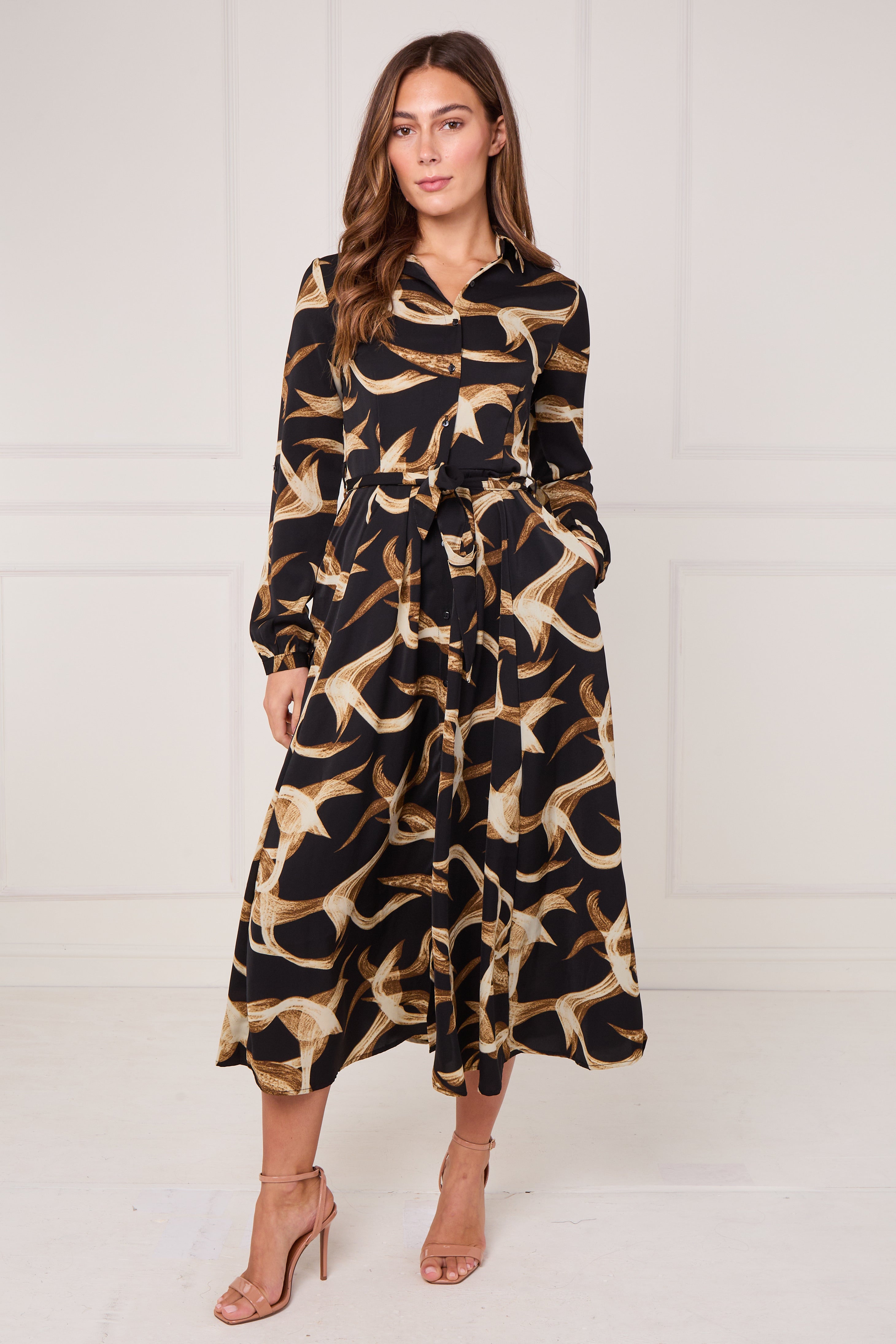 8Pcs Black and Gold Swirl Print Maxi Shirt Dress