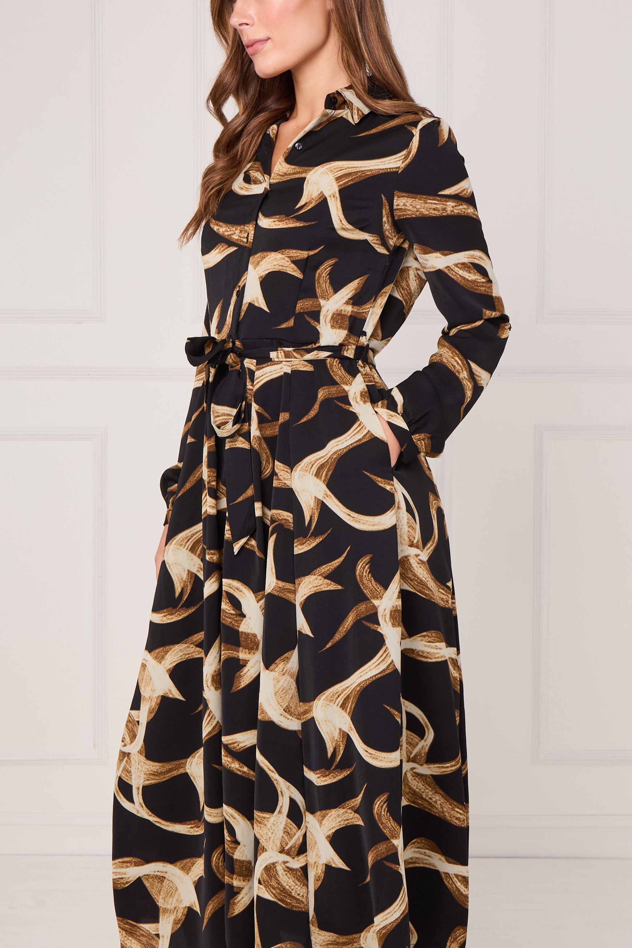 8Pcs Black and Gold Swirl Print Maxi Shirt Dress