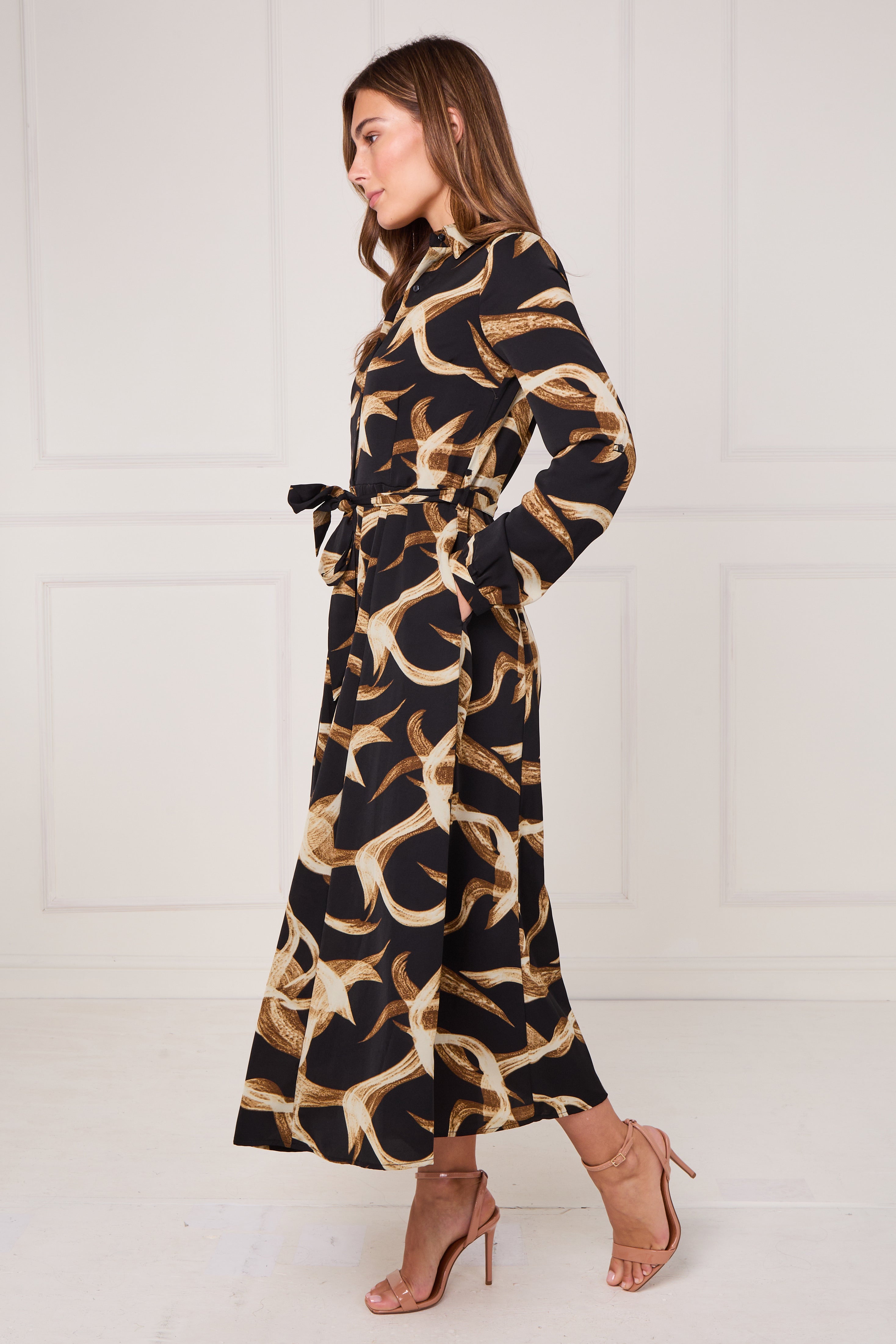 8Pcs Black and Gold Swirl Print Maxi Shirt Dress