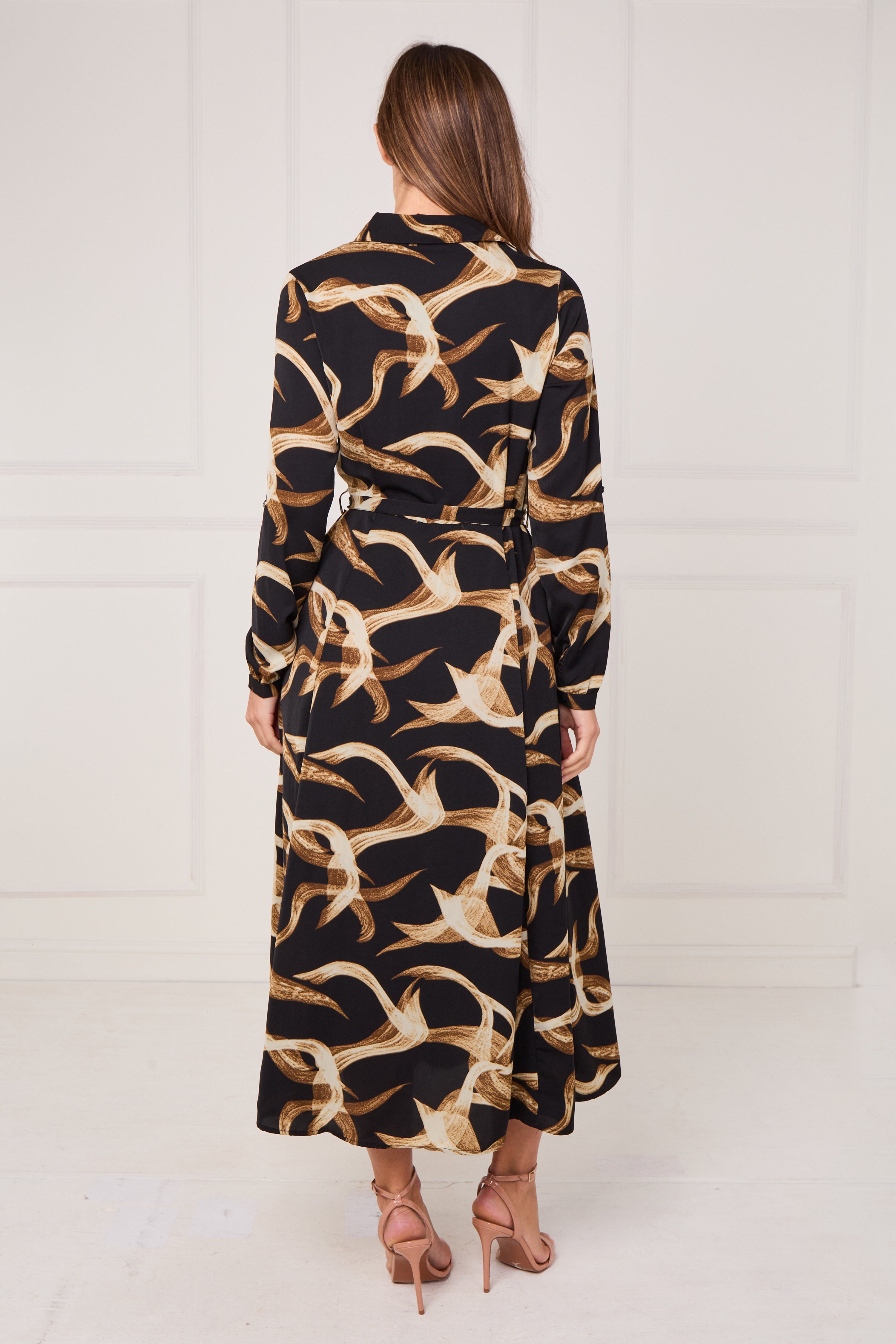 8Pcs Black and Gold Swirl Print Maxi Shirt Dress