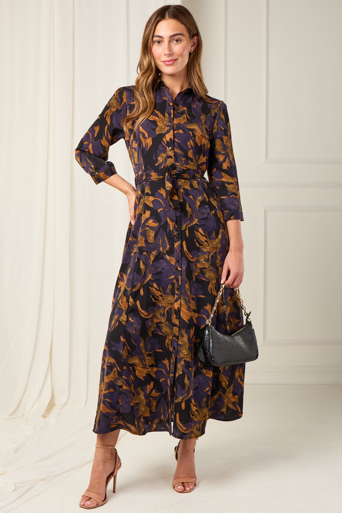 8Pcs Deep Amber and Violet Leaf Print Maxi Shirt Dress