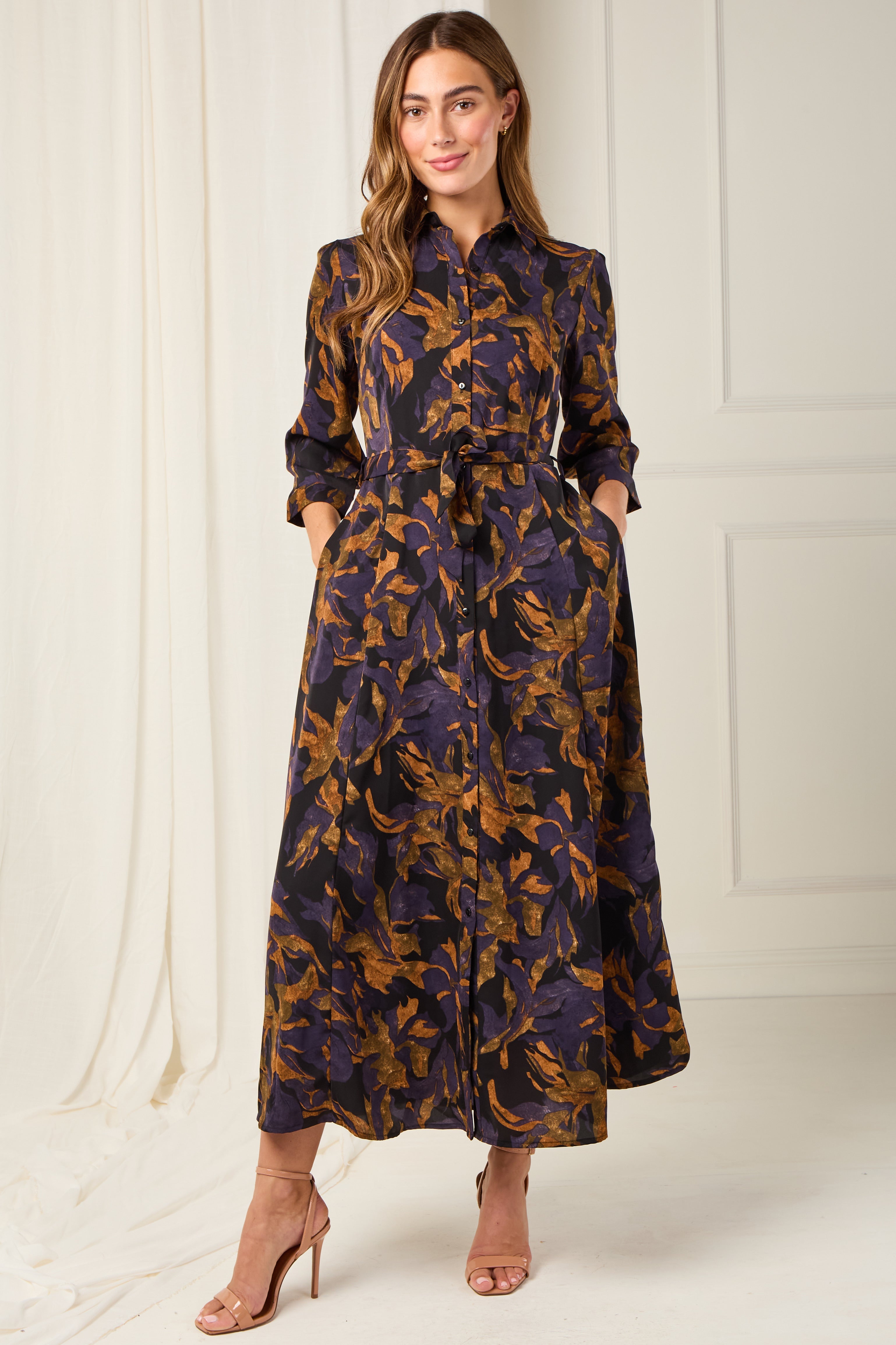 8Pcs Deep Amber and Violet Leaf Print Maxi Shirt Dress