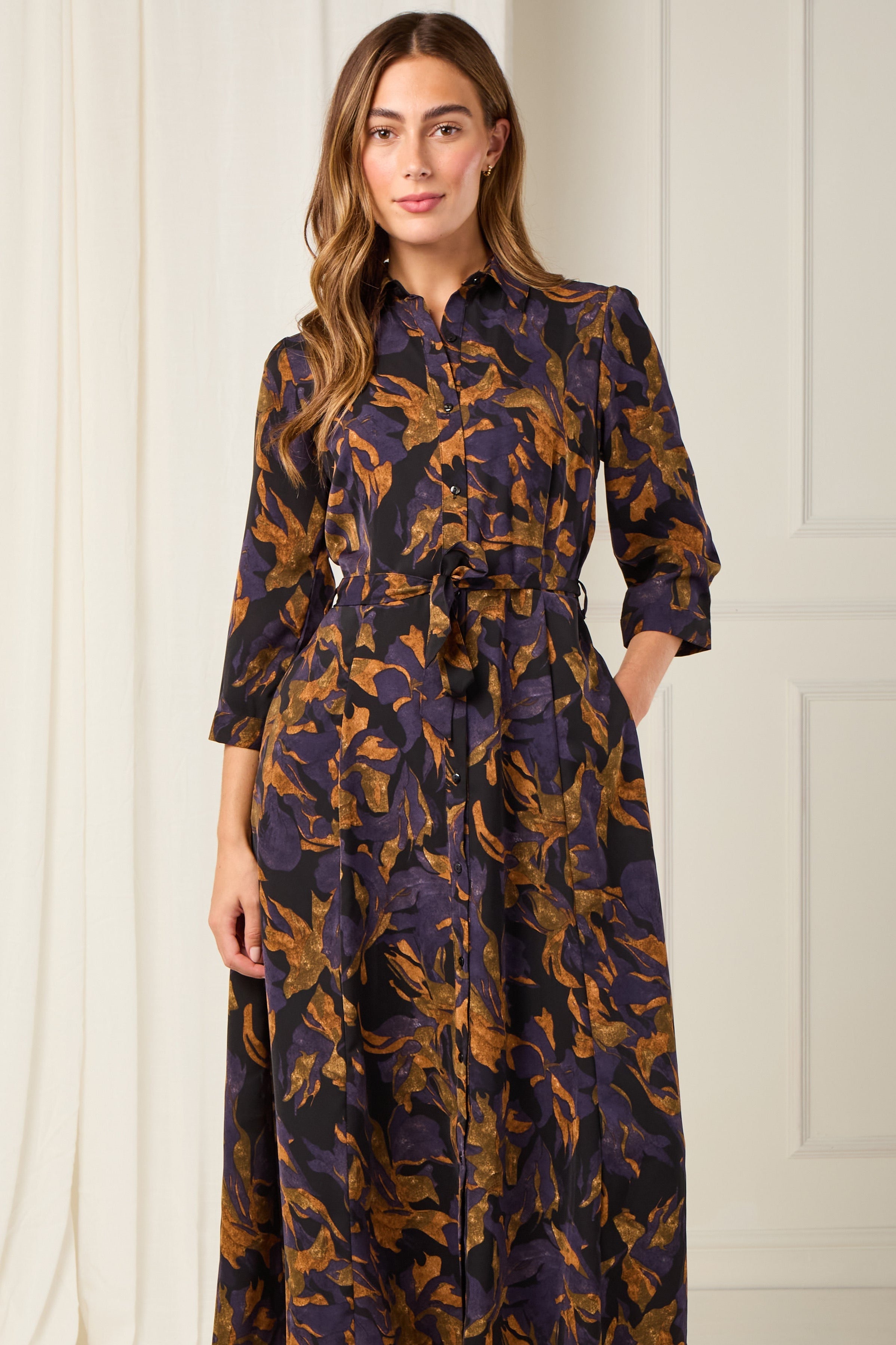 8Pcs Deep Amber and Violet Leaf Print Maxi Shirt Dress