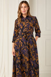 8Pcs Deep Amber and Violet Leaf Print Maxi Shirt Dress