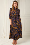 8Pcs Deep Amber and Violet Leaf Print Maxi Shirt Dress