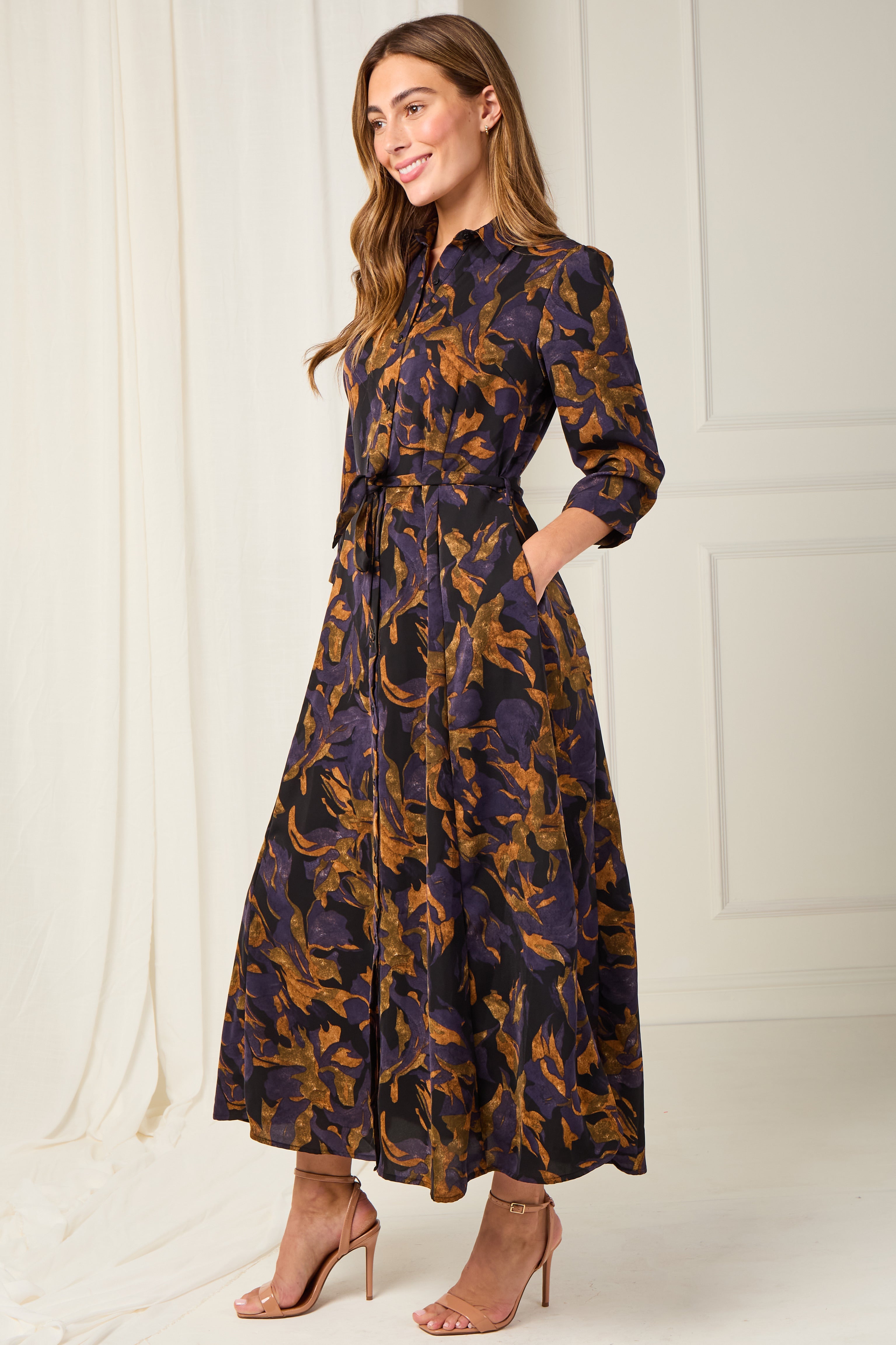8Pcs Deep Amber and Violet Leaf Print Maxi Shirt Dress