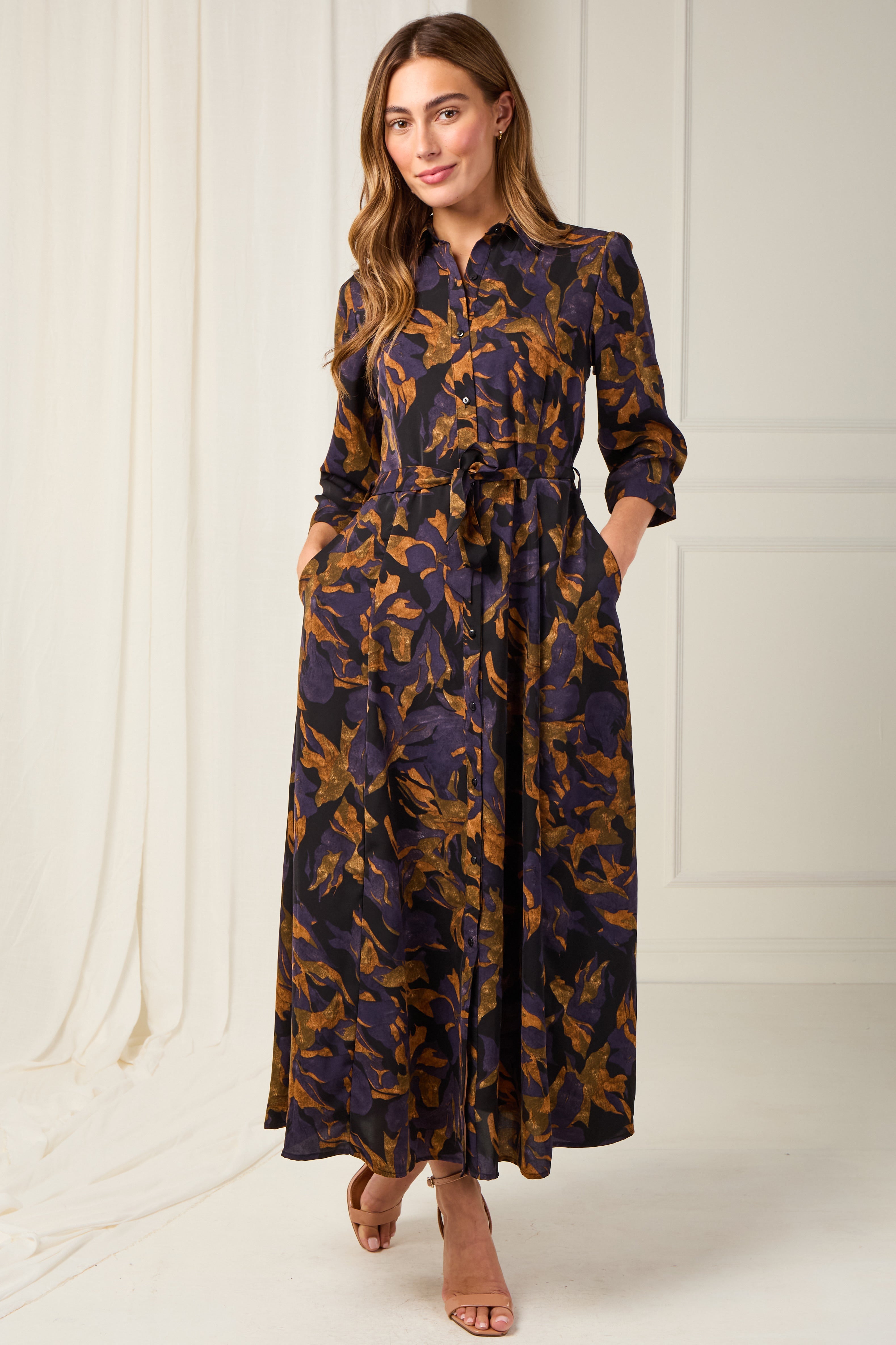 8Pcs Deep Amber and Violet Leaf Print Maxi Shirt Dress