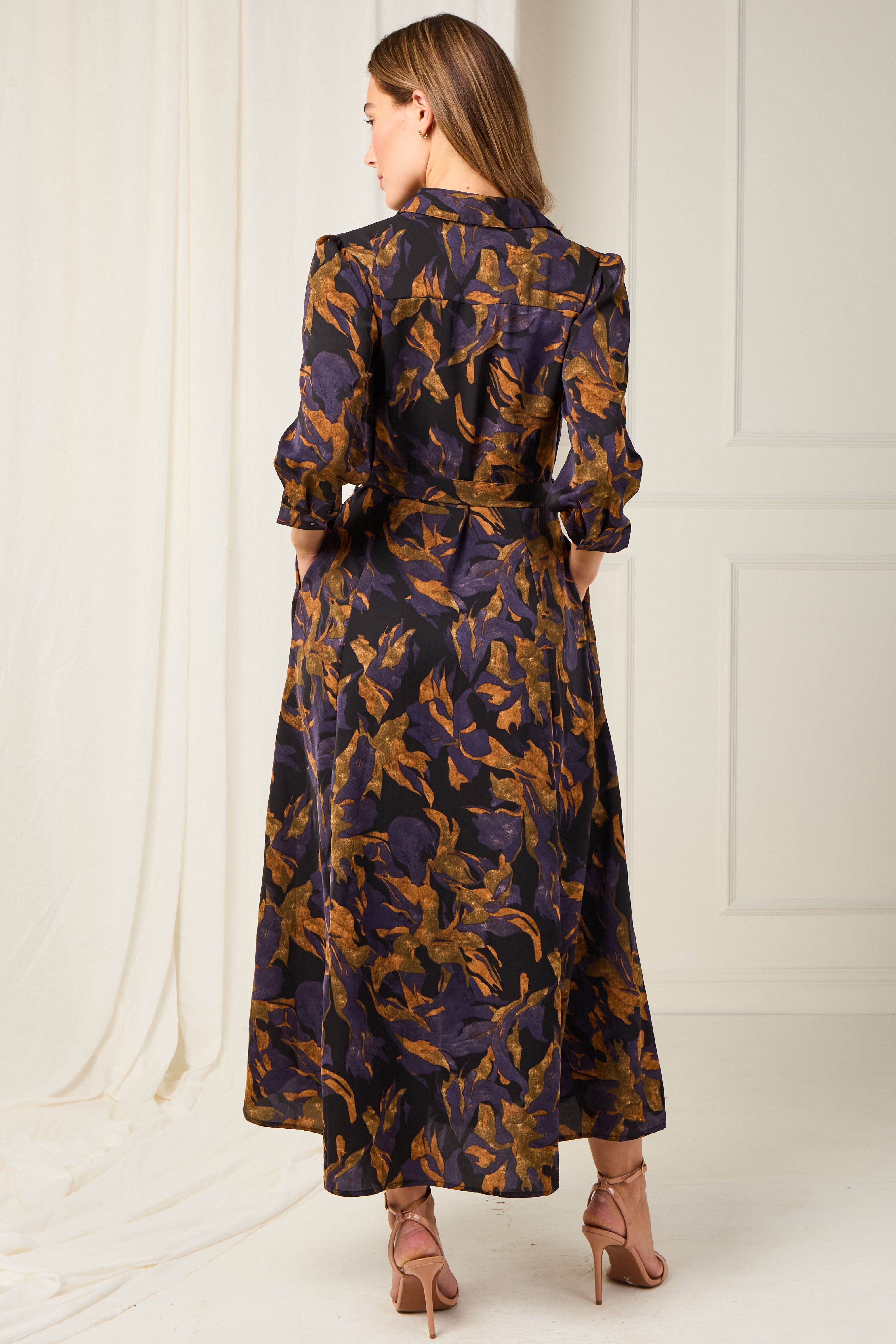 8Pcs Deep Amber and Violet Leaf Print Maxi Shirt Dress