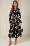 8Pcs Black and Taupe Orchid Print Maxi Shirt Dress