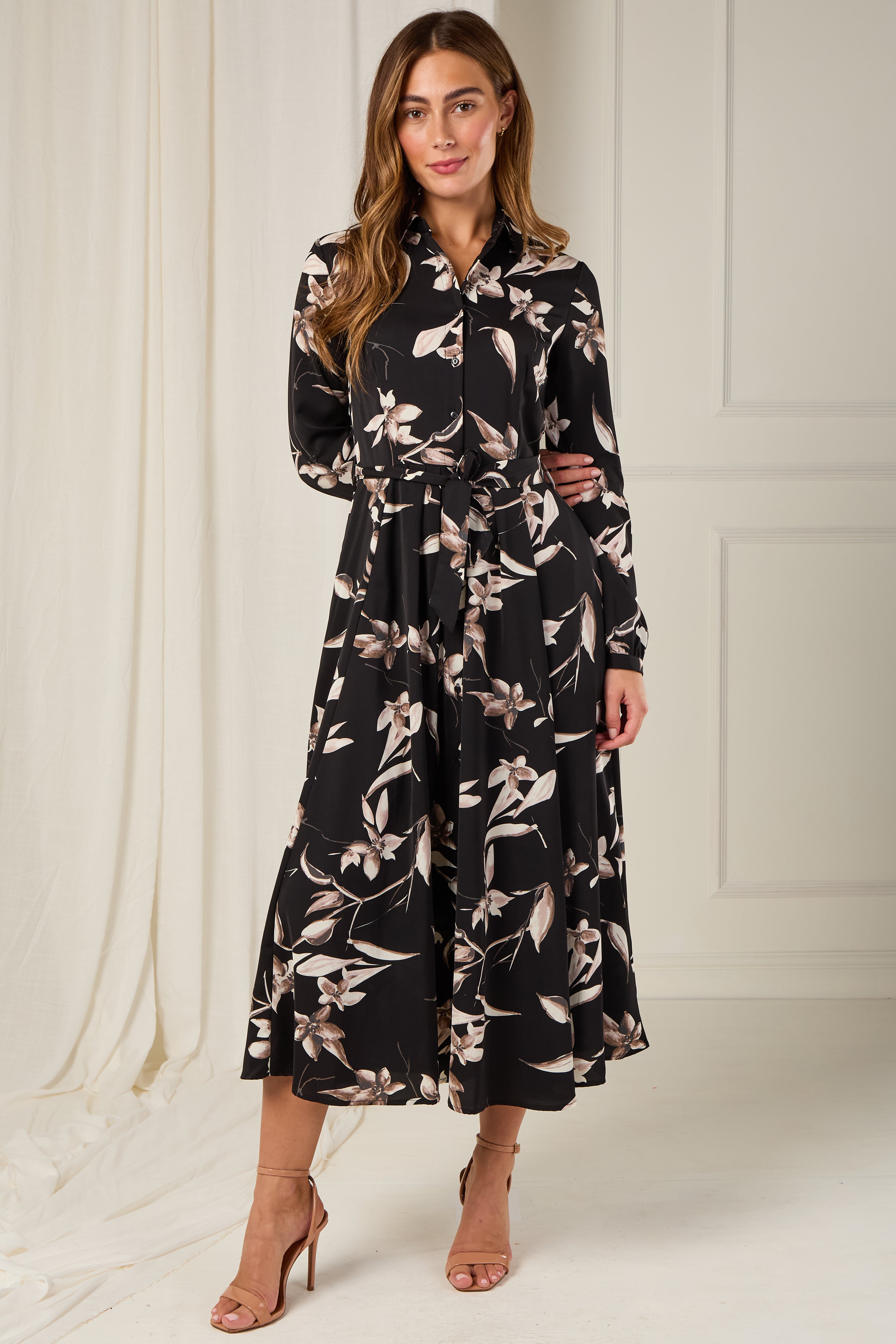8Pcs Black and Taupe Orchid Print Maxi Shirt Dress