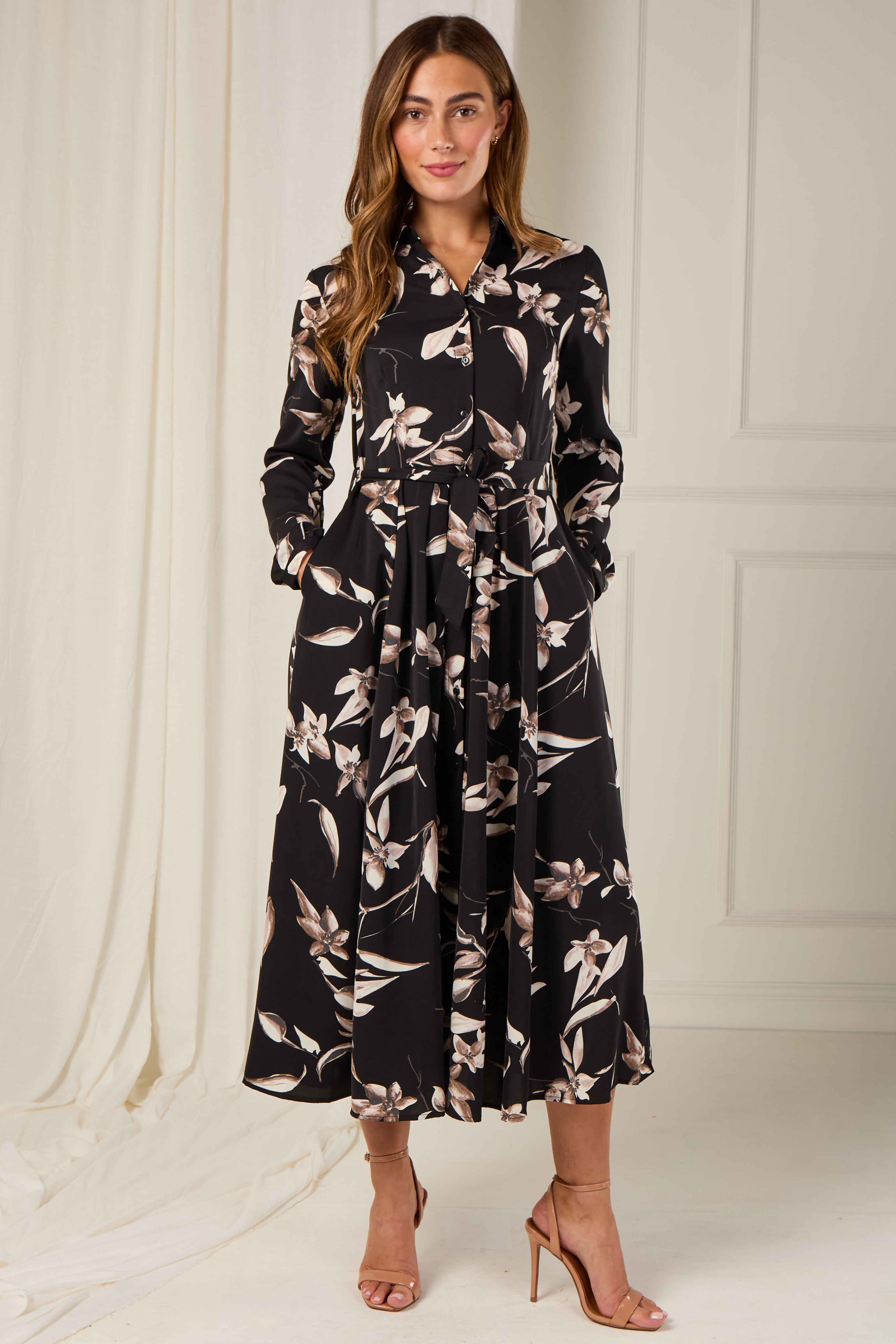 8Pcs Black and Taupe Orchid Print Maxi Shirt Dress