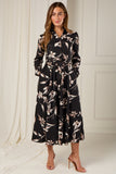 8Pcs Black and Taupe Orchid Print Maxi Shirt Dress