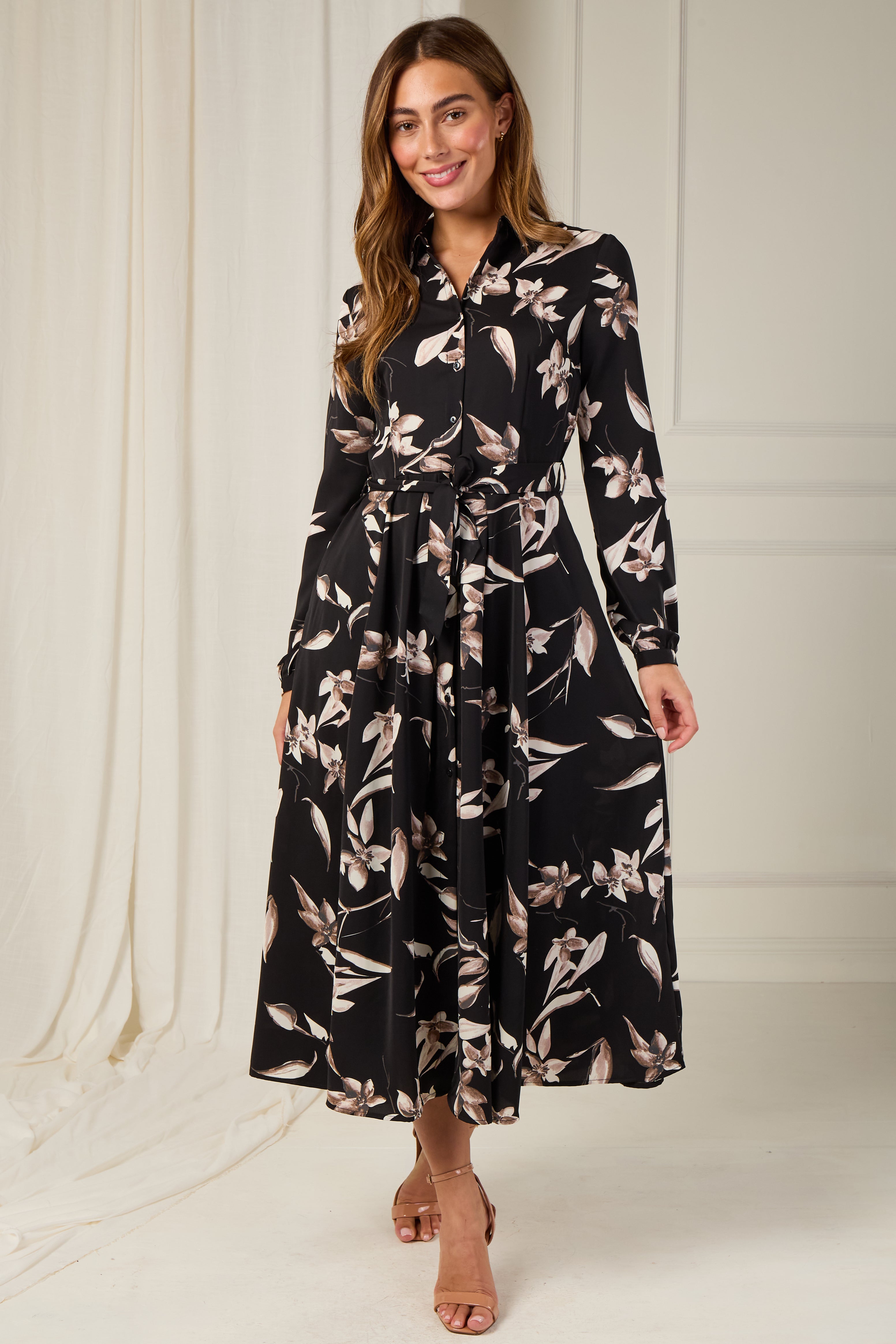 8Pcs Black and Taupe Orchid Print Maxi Shirt Dress