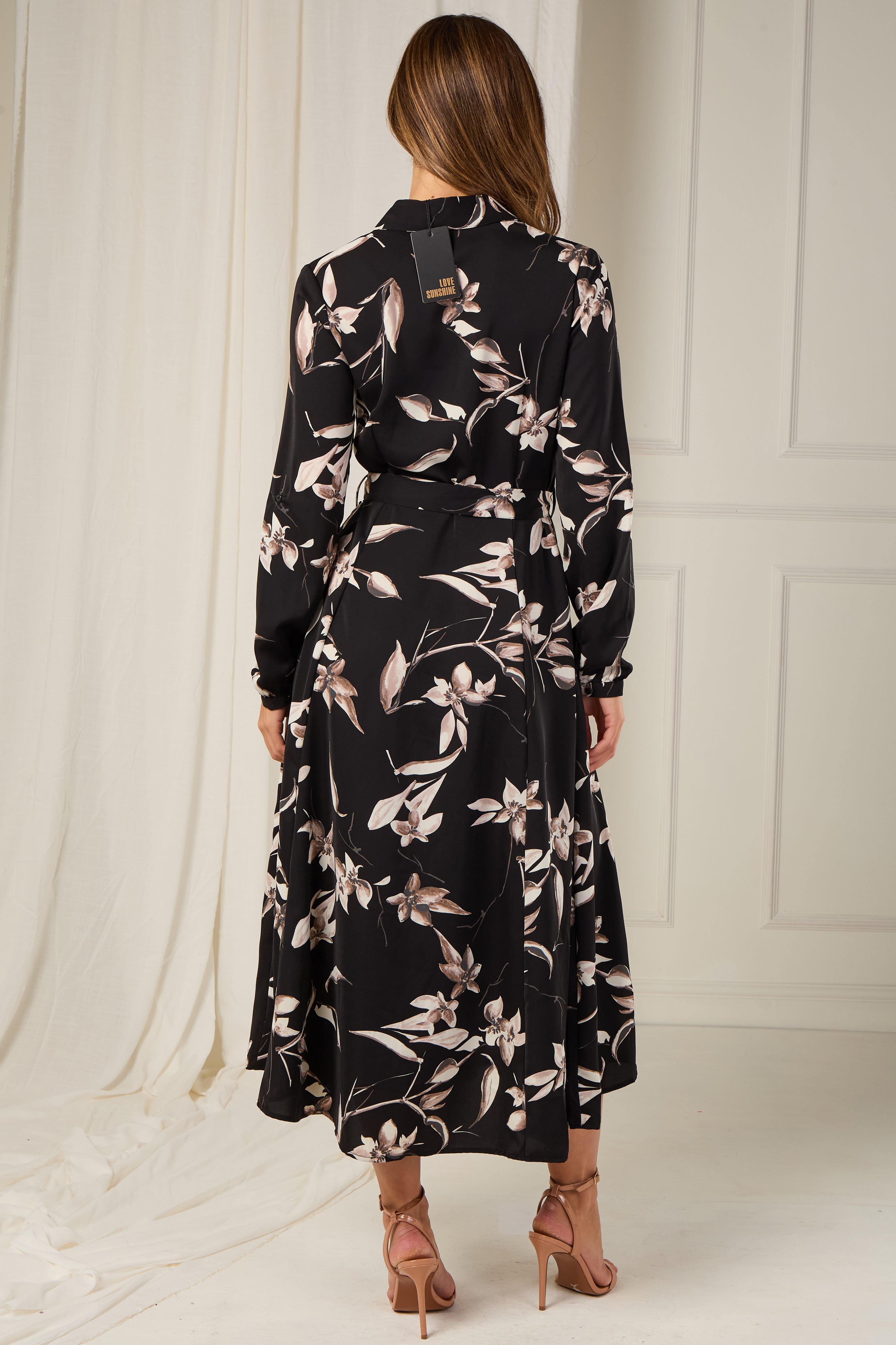 8Pcs Black and Taupe Orchid Print Maxi Shirt Dress