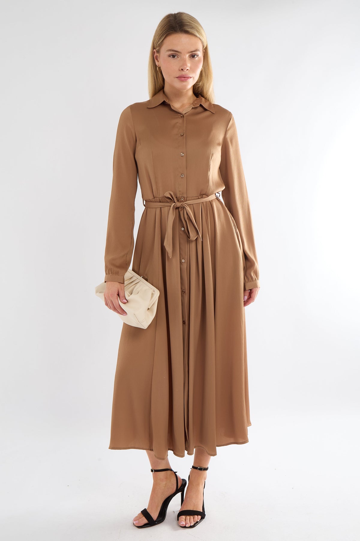 8Pcs Golden Layer Satin Long Sleeve Maxi Shirt Dress