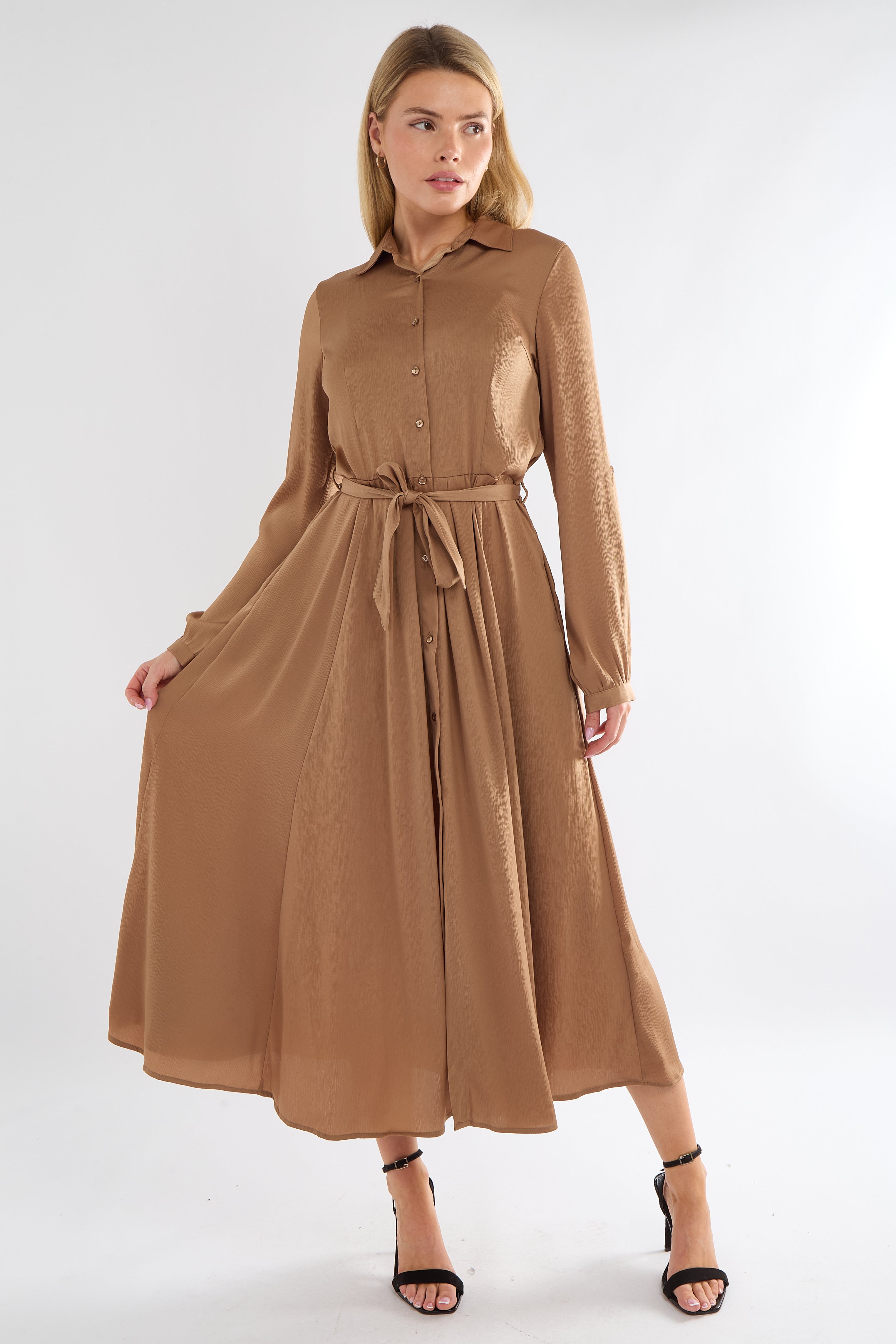 8Pcs Golden Layer Satin Long Sleeve Maxi Shirt Dress