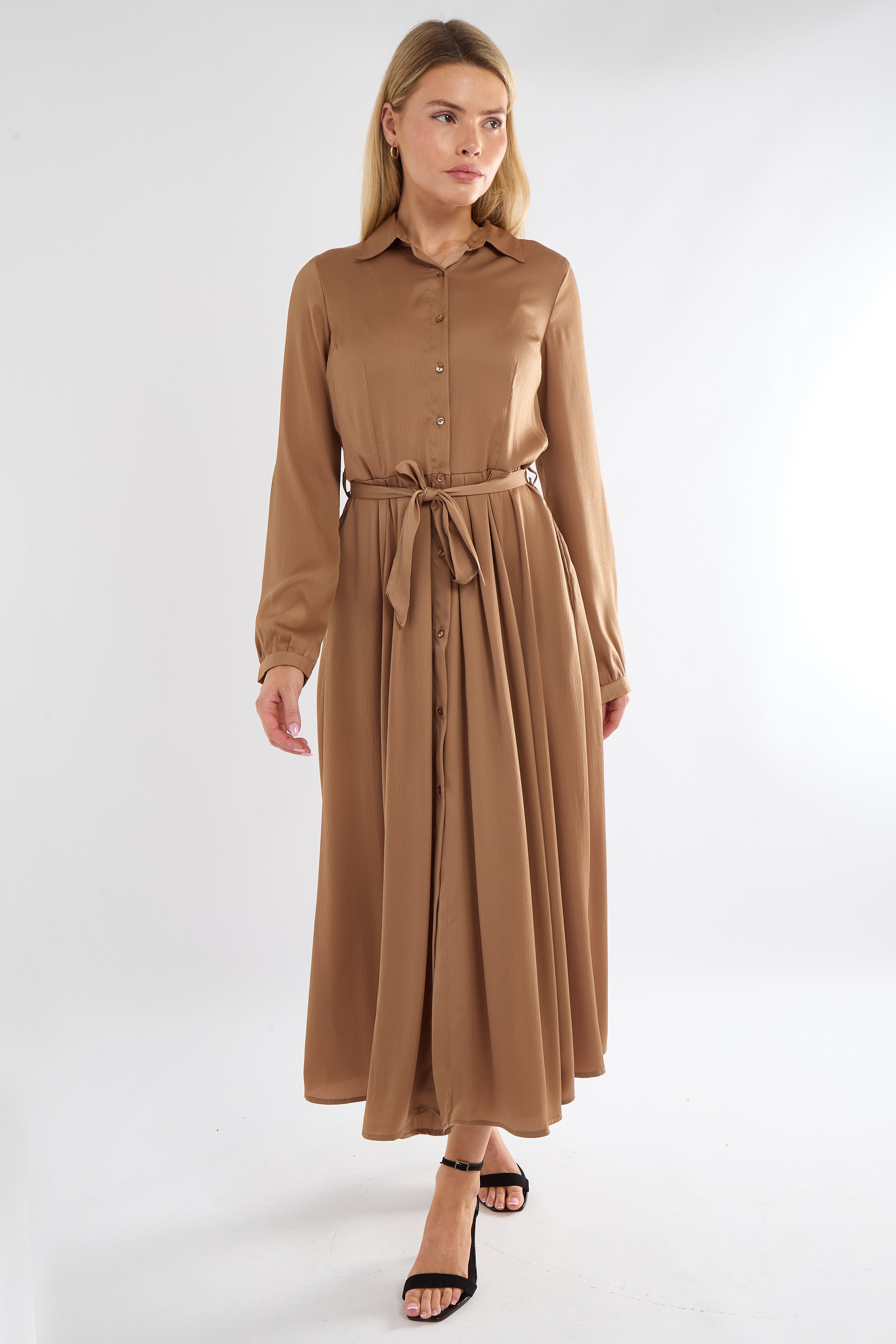 8Pcs Golden Layer Satin Long Sleeve Maxi Shirt Dress