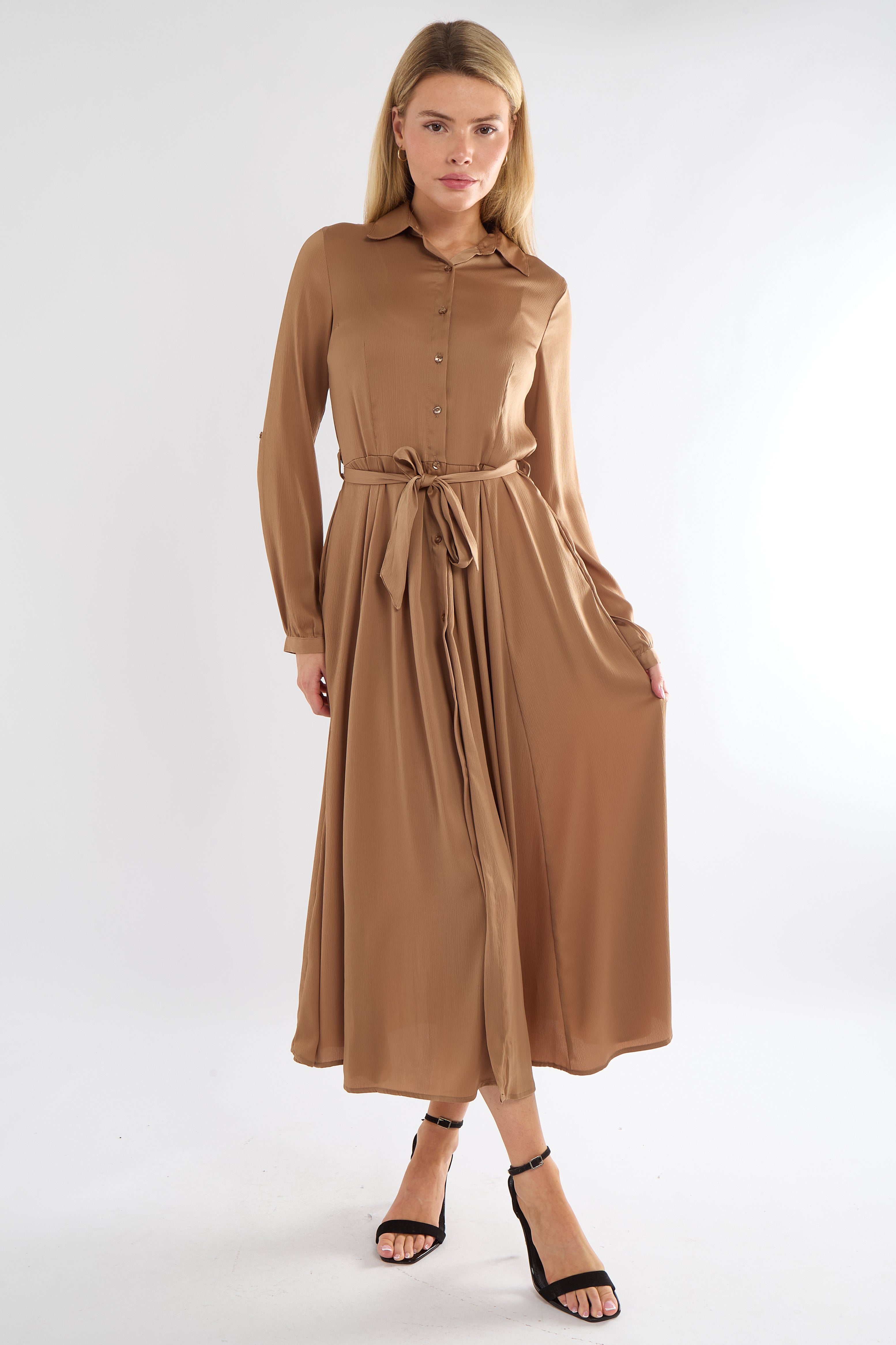 8Pcs Golden Layer Satin Long Sleeve Maxi Shirt Dress