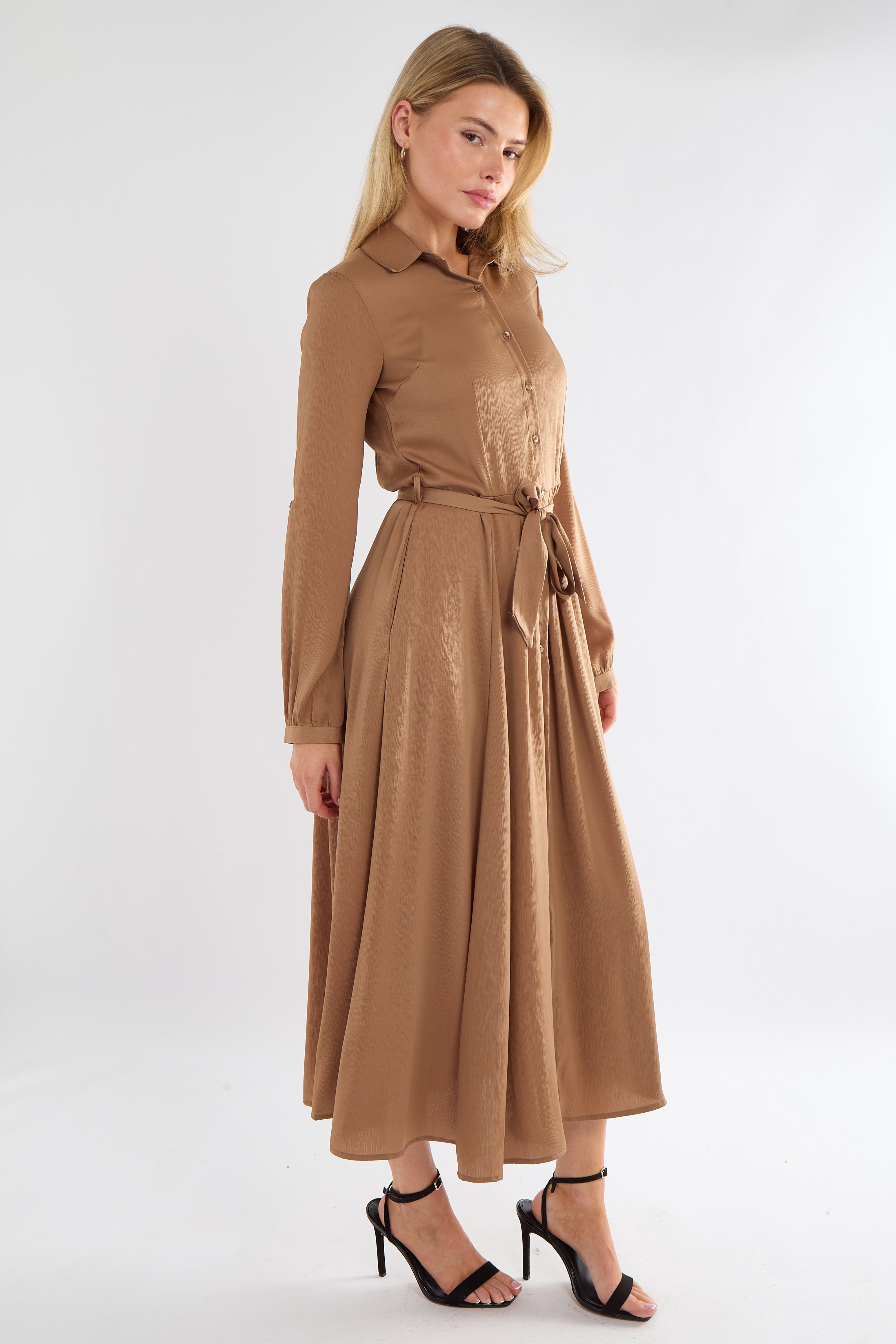 8Pcs Golden Layer Satin Long Sleeve Maxi Shirt Dress