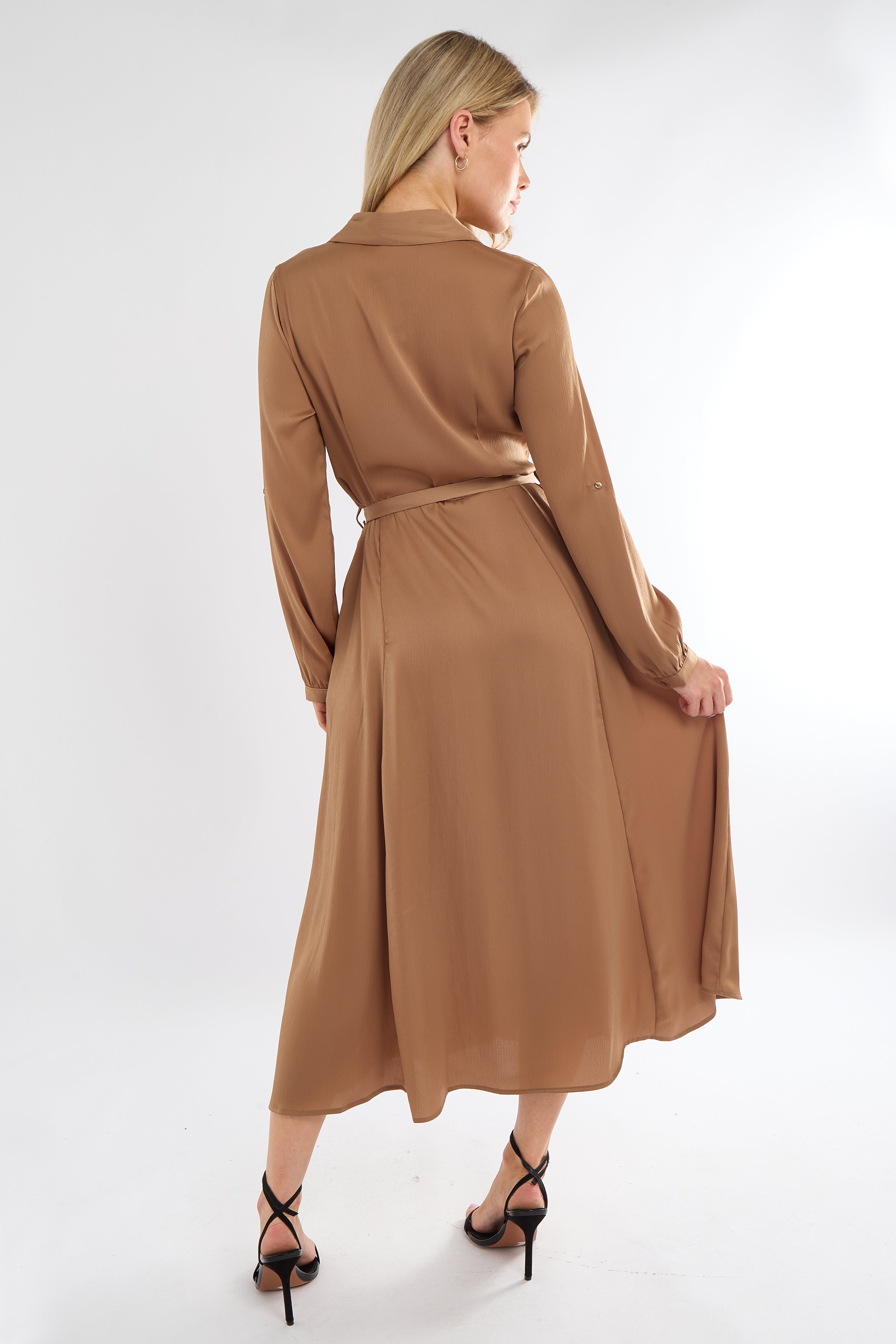 8Pcs Golden Layer Satin Long Sleeve Maxi Shirt Dress
