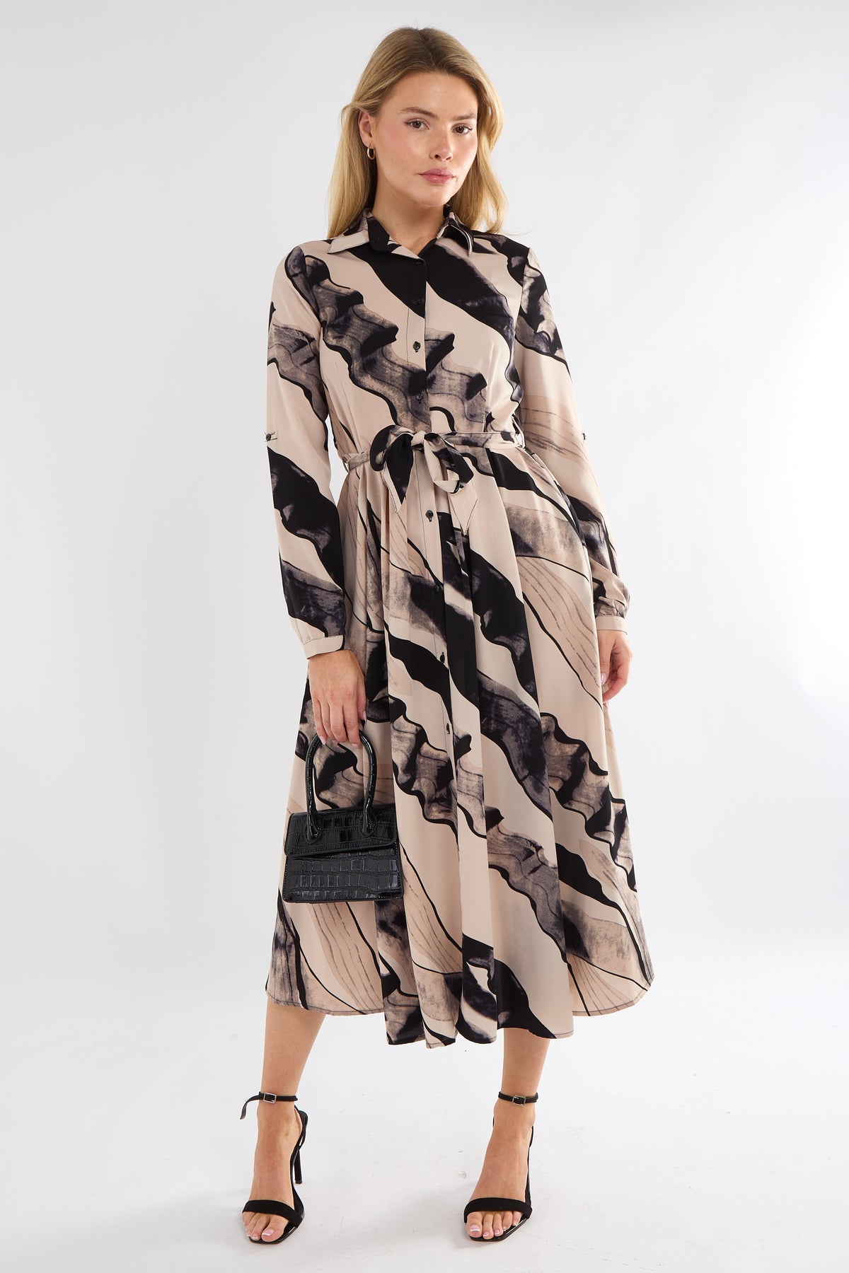 8Pcs Black and Beige Abstract Print Midaxi Shirt Dress