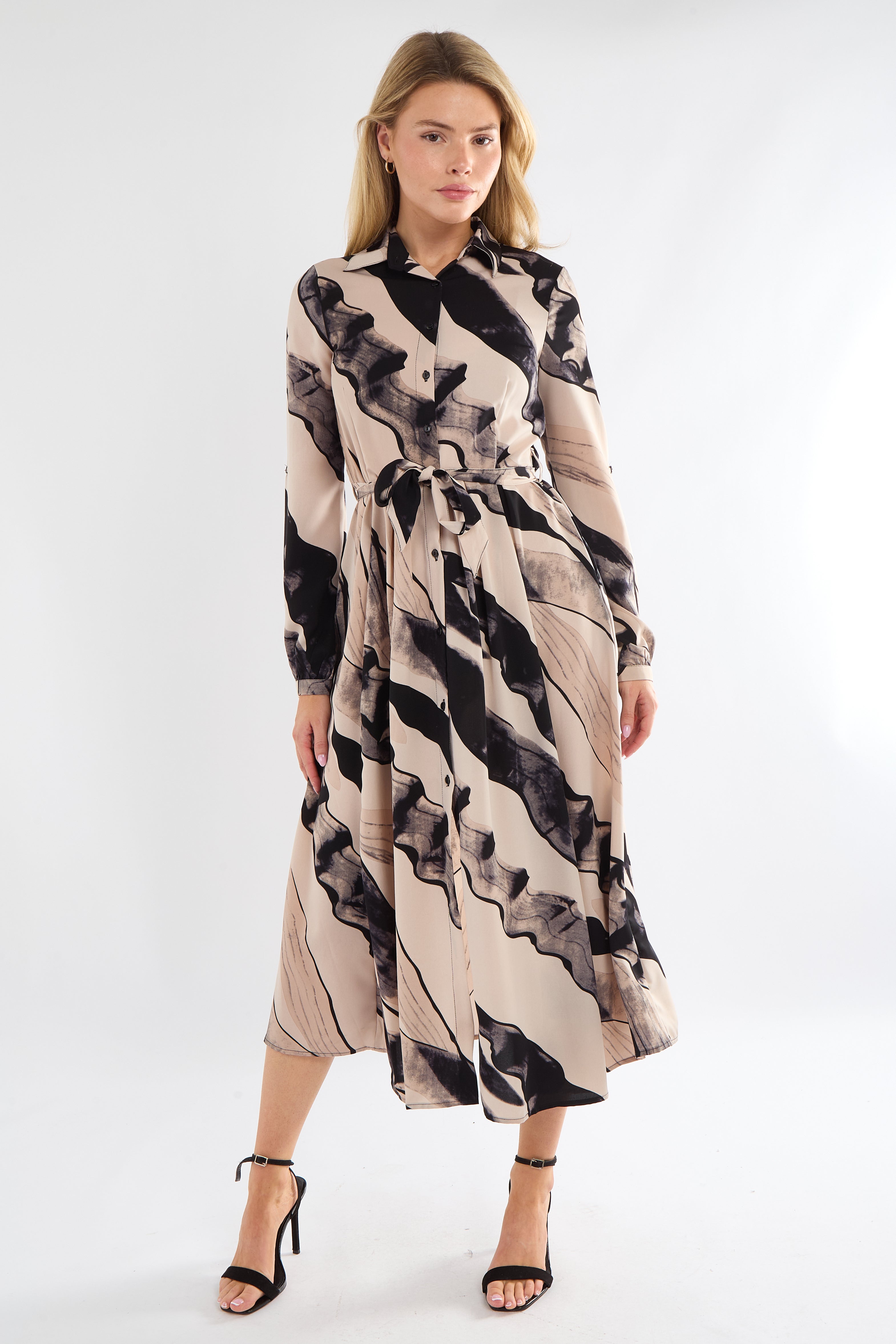 8Pcs Black and Beige Abstract Print Midaxi Shirt Dress