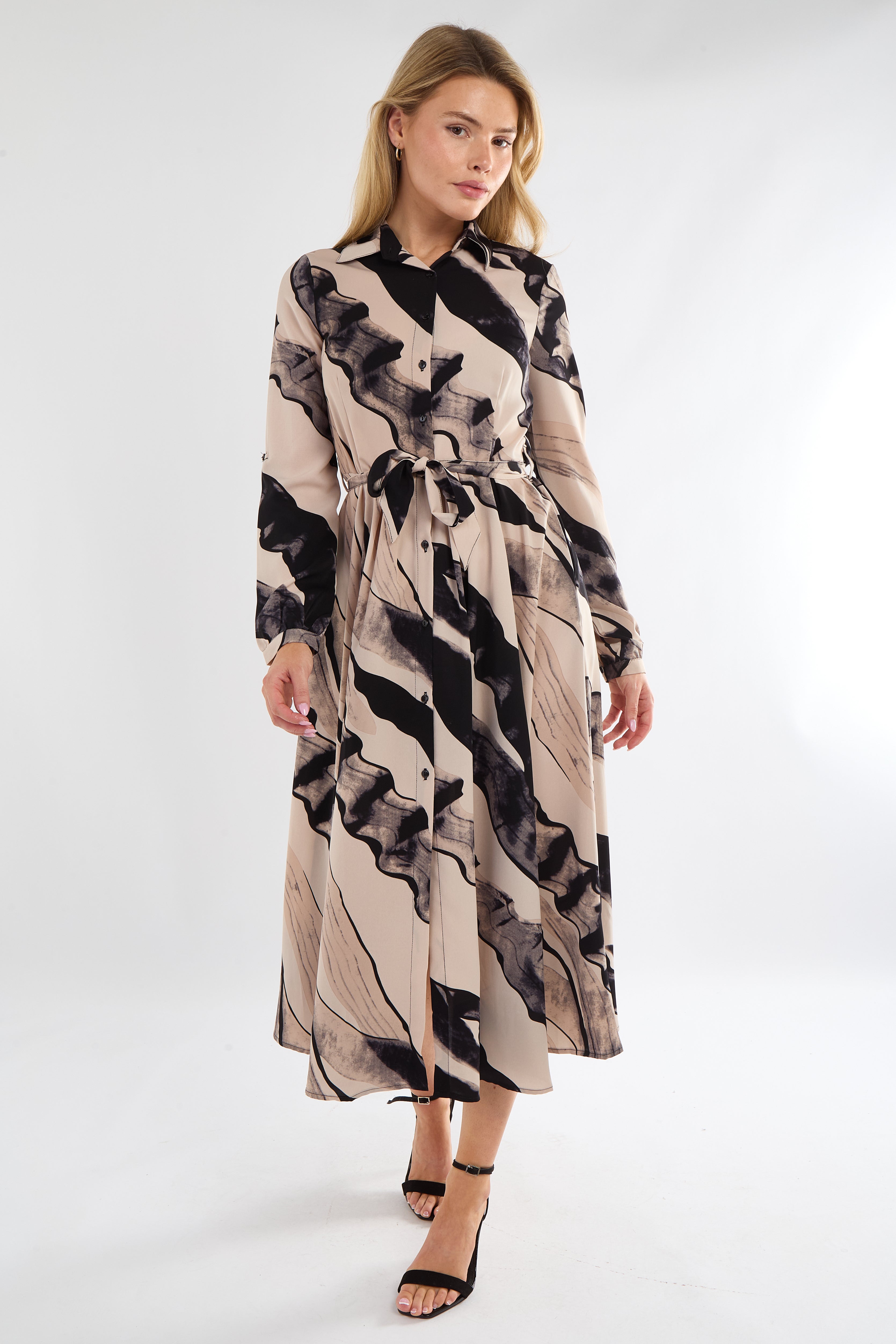 8Pcs Black and Beige Abstract Print Midaxi Shirt Dress
