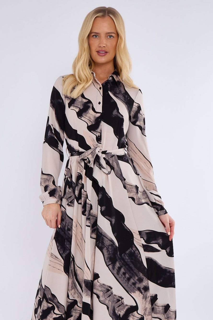 8Pcs Black and Beige Abstract Print Midaxi Shirt Dress