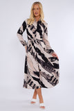 8Pcs Black and Beige Abstract Print Midaxi Shirt Dress