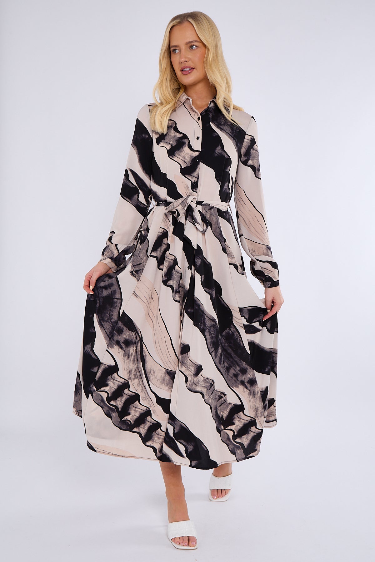 8Pcs Black and Beige Abstract Print Midaxi Shirt Dress