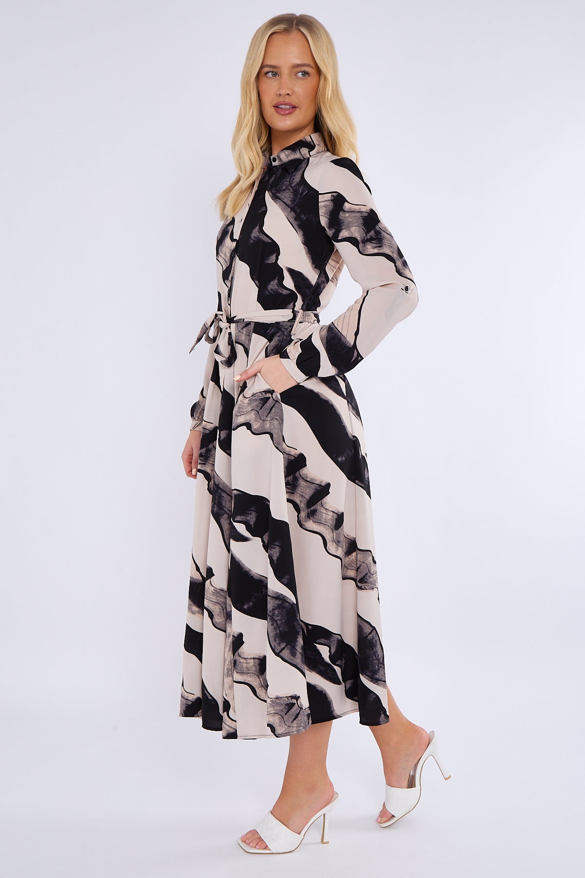 8Pcs Black and Beige Abstract Print Midaxi Shirt Dress