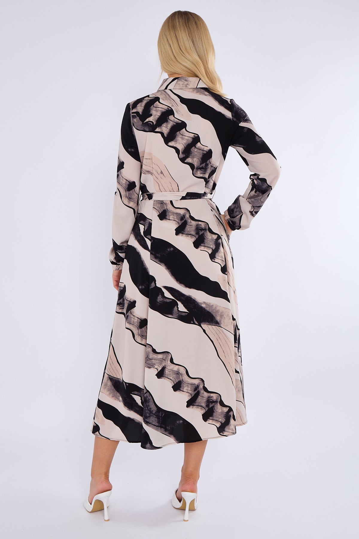 8Pcs Black and Beige Abstract Print Midaxi Shirt Dress