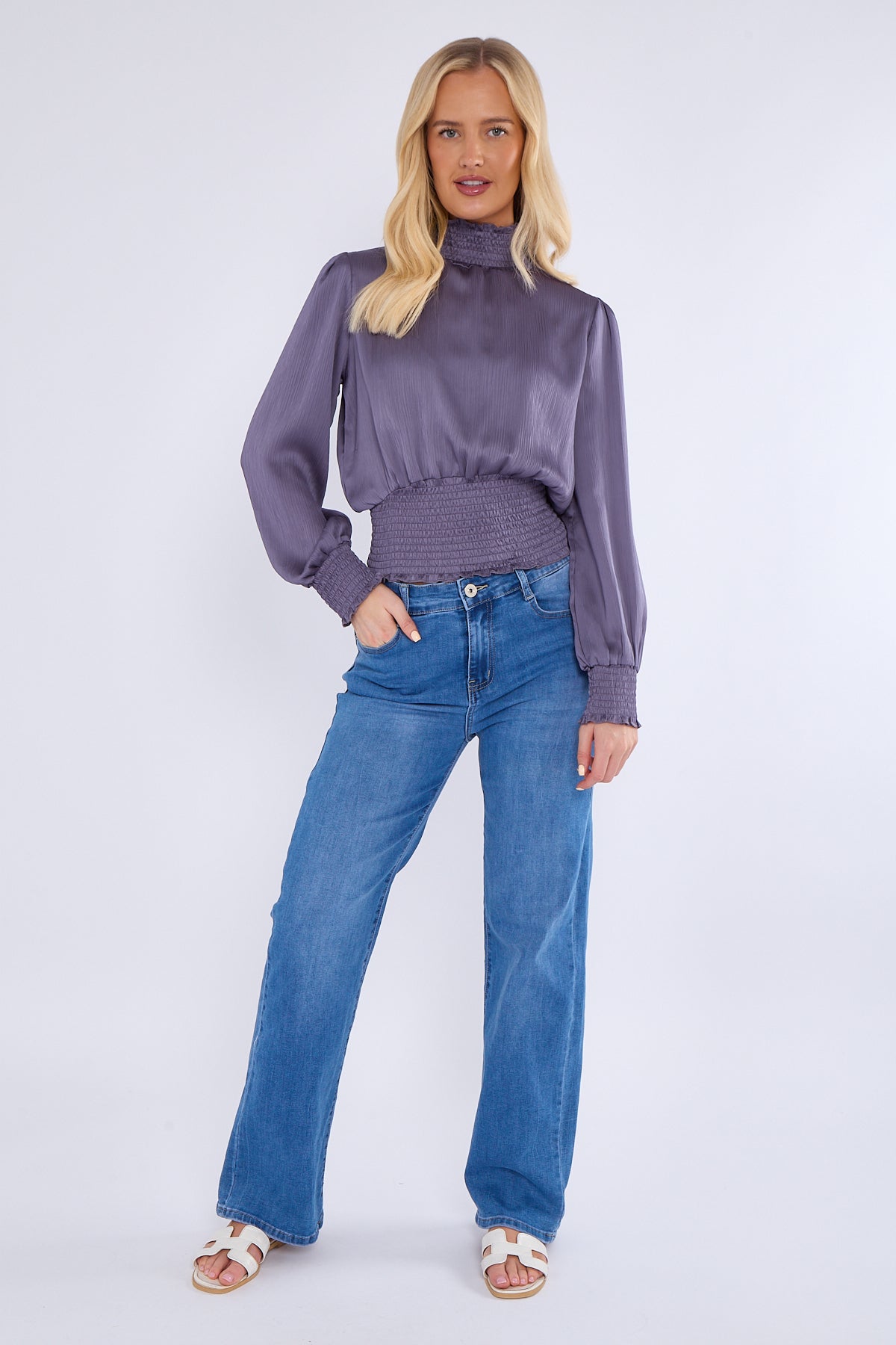 8Pcs Purple Grey Creased Satin Shirred Waist Cropped Top