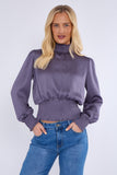 8Pcs Purple Grey Creased Satin Shirred Waist Cropped Top