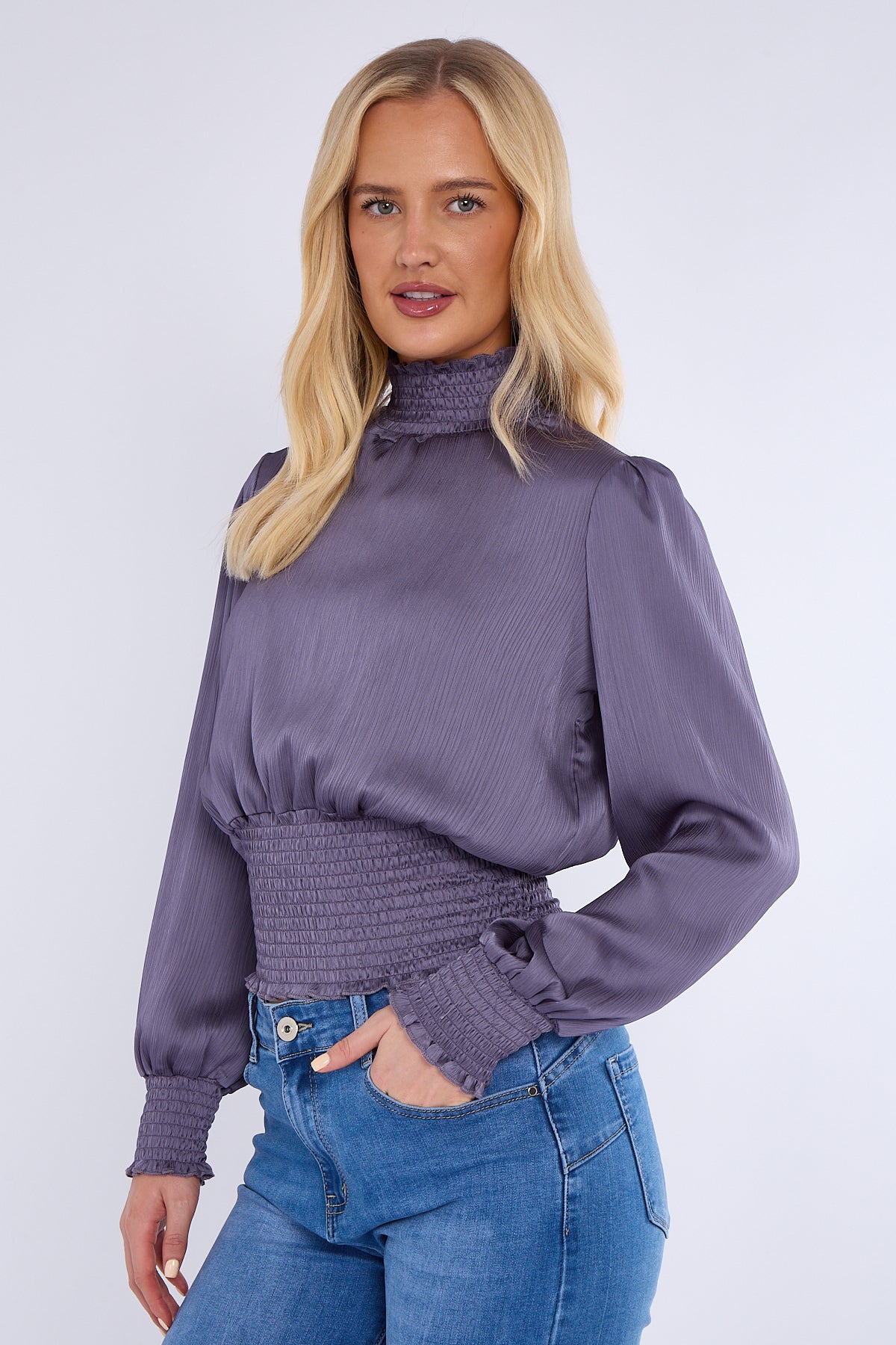 8Pcs Purple Grey Creased Satin Shirred Waist Cropped Top
